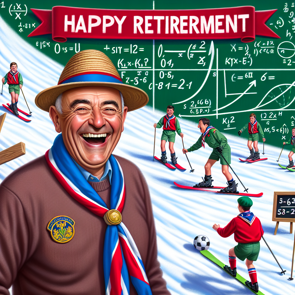 A joyful depiction with a retiree who is of Hispanic descent, displaying a wide grin as he skis down a slope. Oddly enough, this slope seems to transition seamlessly into a chalkboard filled with complex mathematical equations. At the bottom of this unique hill, scouts of diverse descents, wearing their uniforms, indulge in a friendly match of UK football. The scoreboards peculiarly display algebraic scores. A 'Happy Retirement' banner stretches across the peak of this odd landscape, indicating the close of a prominent teaching career and a heartwarming farewell into new escapades.
Generated with these themes: Retirement Skiing, Scouting,  UK Football, maths, teaching.
Made with ❤️ by AI.