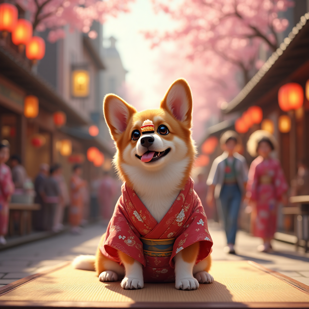 **Prompt for Image Creation:**

Imagine a picturesque street in Tokyo, Japan, bathed in the soft glow of lanterns during an early evening. In the foreground, a charming corgi, wearing a traditional Japanese yukata (summer kimono), is sitting proudly on a tatami mat. The corgi's tongue is out, adding a playful expression to its face, as it mischievously balances a sushi roll on its nose. 

Behind the corgi, cherry blossoms gently float through the air, adding a touch of magic to the scene. A bustling crowd of people strolls in the background, some wearing vibrant kimonos, while others capture the moment on their cameras. The street is lined with small, colorful stalls offering an array of delectable Japanese treats.

To add a dash of humor, include a small text caption at the bottom of the image: "Wishing you a 'pawsitively' amazing birthday, one sushi roll at a time!"

This image should exude warmth and humor, with every detail meticulously crafted to achieve a photorealistic appearance, from the fur of the corgi to the intricate patterns on the yukata and the vibrant cherry blossoms dancing in the air.
Generated with these themes: Japan, Corgi , and .
Made with ❤️ by AI.