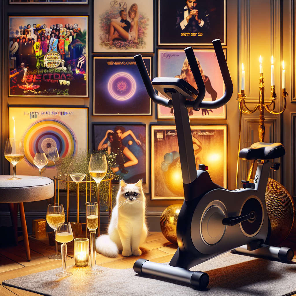 Enhance the atmosphere of a room with a delightful yet authentic birthday theme. Use album covers from a generic popular singer as engaging backdrops, deriving inspiration from classic color palettes and fonts, not any specific artists. Amid the inviting setting, plush white cats contribute a touch of softness, perched beside sophisticated cocktail glasses glinting under the warm lighting. In a fusion of tradition and modernity, a high-end exercise bike stands primed for action, inviting guests to a unique birthday challenge, perfectly blending the joy of music, the comfort of pets, and the spirit of wellness.
Generated with these themes: Taylor Swift, fluffy white cats, cocktails, peloton .
Made with ❤️ by AI.