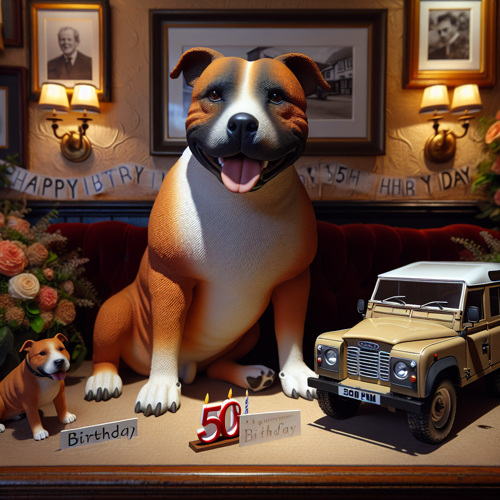 Generate an image in a realistic style, illustrating a birthday scenario. At the center of the scene is a life-like Staffordshire bull terrier. Its coat is brown and white, portrayed with meticulous detail, and it sits gleefully beside a miniature Land Rover Defender. This celebration marks a 50th milestone and the ambiance rings affectionately with brotherly warmth. The setting includes discreet decorations that pay homage to treasured reminiscences and shared escapades.
Generated with these themes: Staffordshire bull terrier Brown and white , Land rover defender , 50, and Brother .
Made with ❤️ by AI.