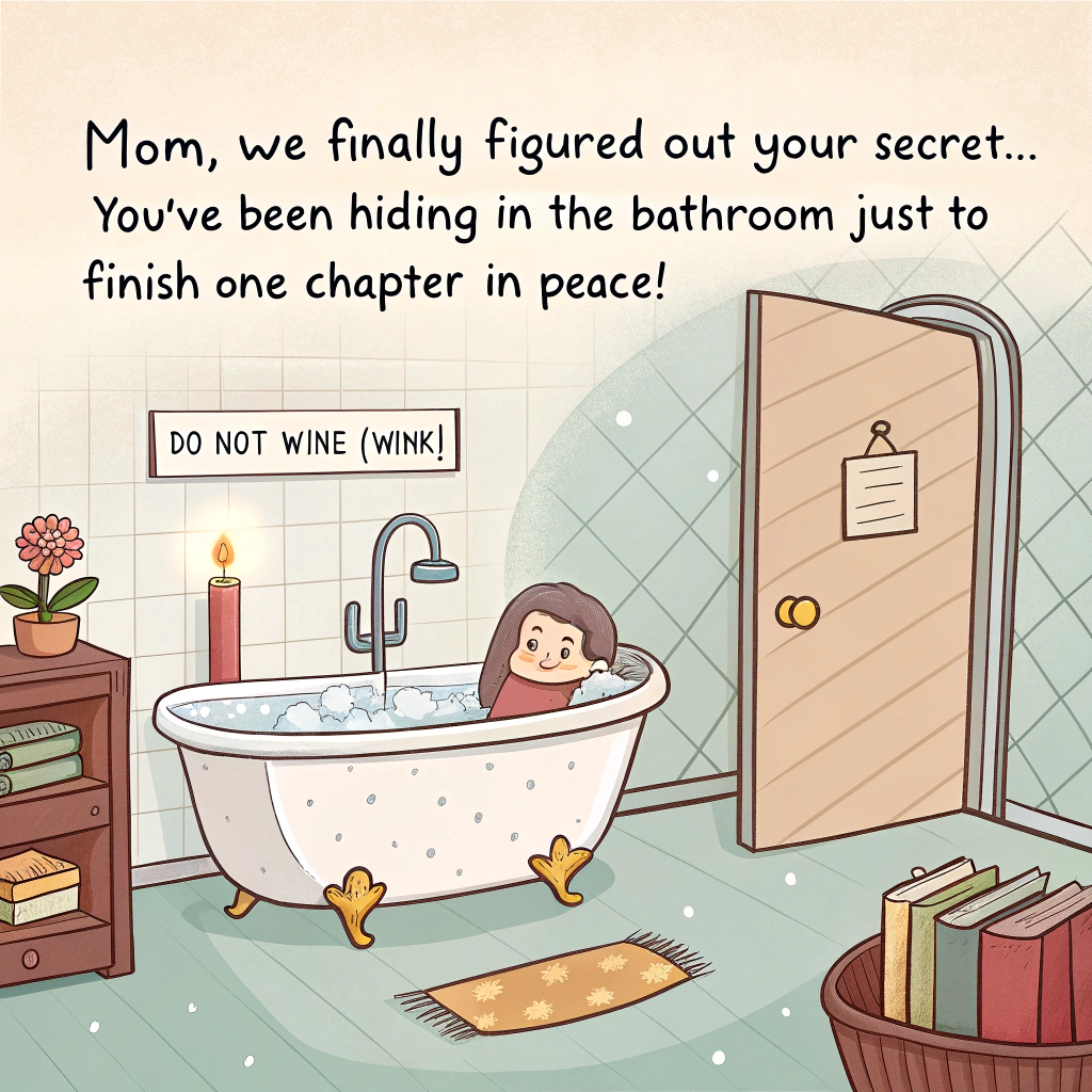 At the top of the image, "Momm, we finally figured out your secret… you've been hiding in the bathroom just to finish one chapter in peace!"

- In the center of the image, illustrate a whimsical cartoon scene of a serene, candle-lit bathroom. A pair of fluffy slippers peeks out from under a closed door labeled “Do Not Disturb: Literature in Progress.”
- Stacks of novels are piled precariously around the outside of the bathroom door, while a mug labeled “Not wine (wink)” steams cheerfully beside them.
- A flustered dog, confused child’s drawing, and laundry basket all wait impatiently in a chaotic hallway—unattended and forgotten.
- Above it all, floating musical notes and glowing words hint that peace and imagination are alive behind the bathroom door.
Generated with these themes: reading .
Made with ❤️ by AI.