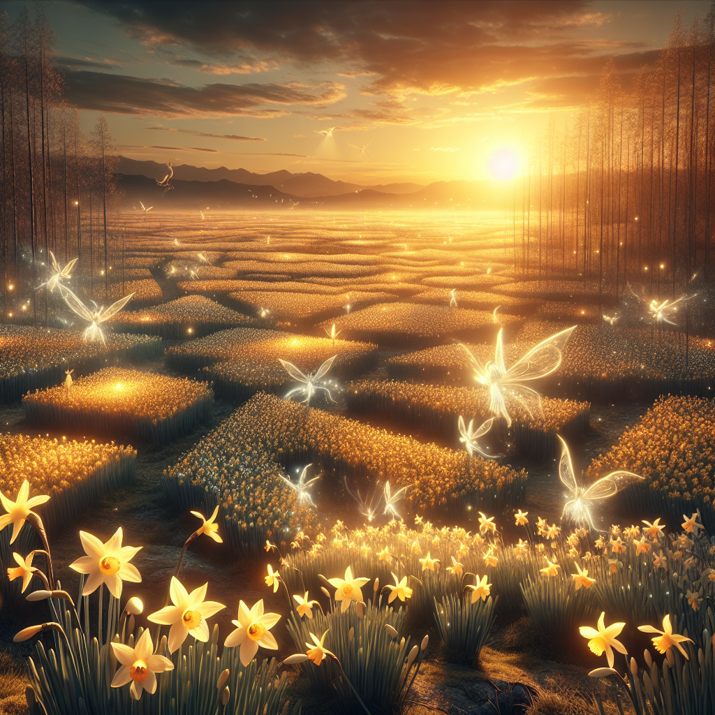 Visualize a fantastical birthday celebration set in a wide-open landscape enriched by the warm colors of the setting sun. Thousands of daffodils bud in extraordinary numbers, forming a sea of luminous yellow that seamlessly merges with a ground resembling a jigsaw puzzle, with each piece of land gently floating to find its destined location. Fairies, endowed with fragile wings, can be seen fluttering around, their outlines highlighted against the descending sun, casting a delicate luminescence that adds an element of enchantment to the tranquil event.
Generated with these themes: Daffodils, Jigsaw, Landscape, Sunset, and Fairies.
Made with ❤️ by AI.