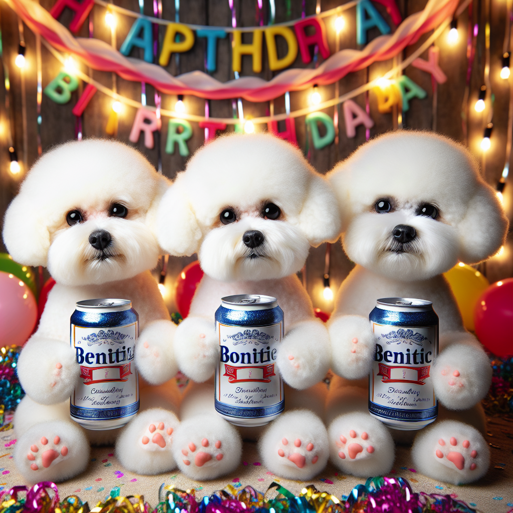 In the midst of vibrant and joy-filled birthday decorations, a trio of Bichon Frise dogs takes center stage. The background is adorned with a garland of colorful streamers and a soothing glow of string lights. These particular breed of dogs, with their realistic eyes and plush coats, sit with their paws encased around cans of generic beer, adding a touch of amusing realism to the scene. Their expressions are calm yet festive, and their demeanor poised. Together they seem to be making a toast to the celebration, all the while ensuring the birthday theme remains in the foreground.
Generated with these themes: 3 Bichon frise drinking cans of Carling Black Label Beer .
Made with ❤️ by AI.