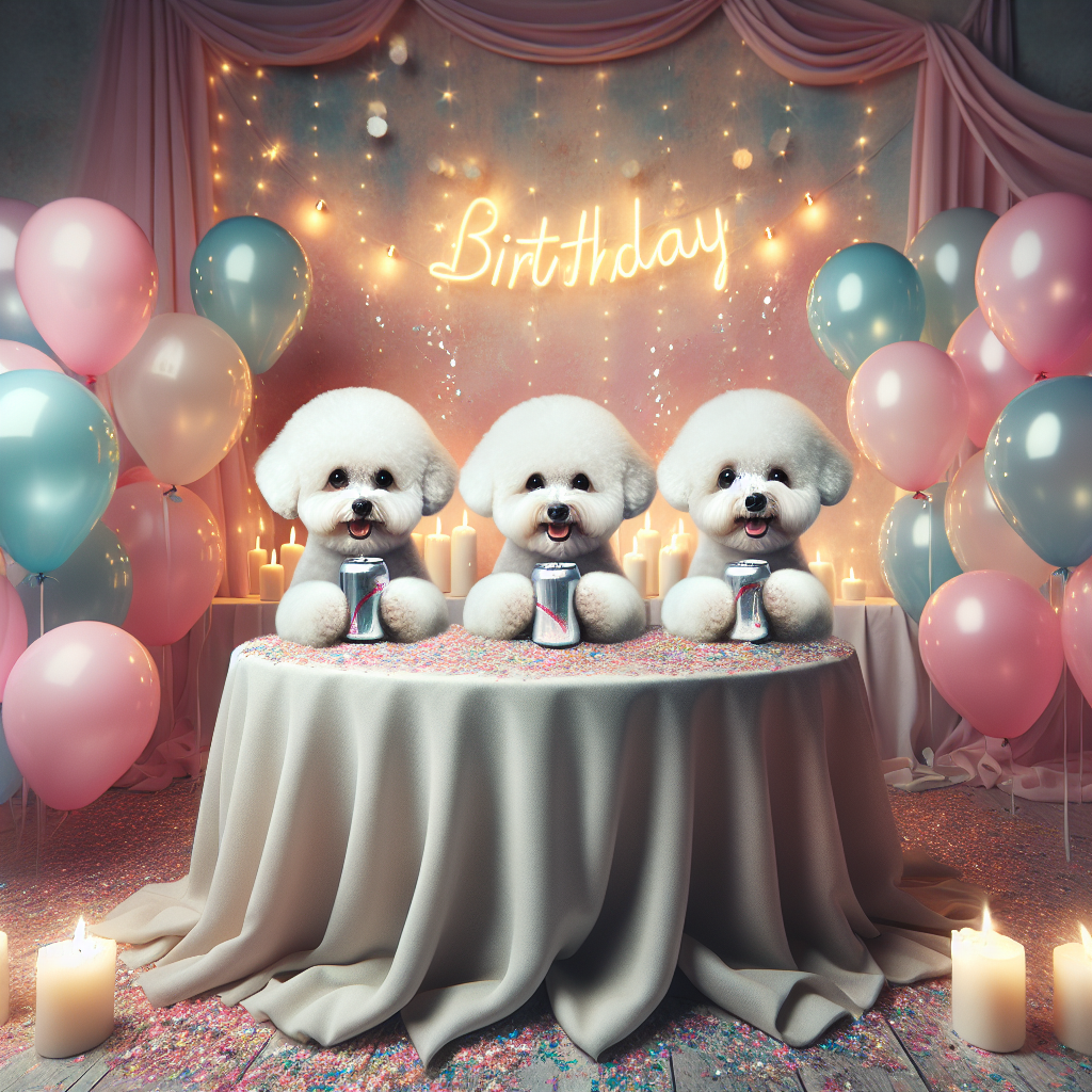 Create an enchanting image of a festive birthday scene, filled with ambiance and radiating warmth. The room is adorned with pastel-colored balloons and a sprinkle of confetti decorates the draped table covered in white linen. The focal point of the celebration is three adorable Bichon Frise puppies with fluffy white fur, who are diligently groomed, displaying their realistic charm. Each puppy is delicately holding a soda can in their paws, adding a touch of humor and mischief to the scene. Their eyes are shining with delight, making them the stars of the party.
Generated with these themes: 3 Bichon frise drinking cans of Carling Black Label Beer .
Made with ❤️ by AI.