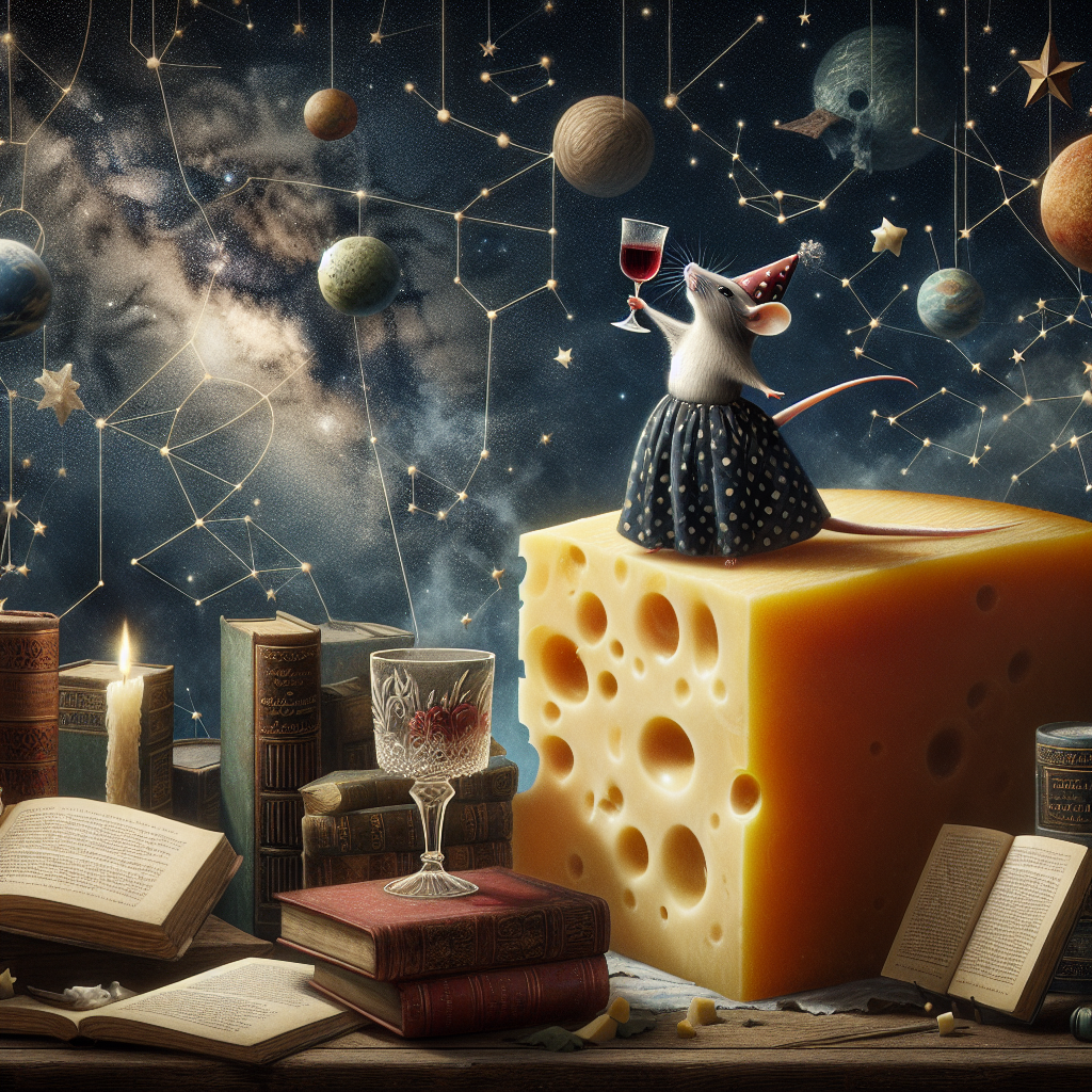 A picturesque scenario unfolds in the vastness of a sky seeming to be made of velvet. In this unique image concept, a small mouse, adorned with a polka-dot birthday cap, stands triumphantly on top of an enormous piece of cheese. The cheese, curiously floated through the expansive sky, sets an intriguing contrast against the dark backdrop. The jubilant mouse lifts a goblet made of crystal, seemingly filled with sumptuous red wine, toasting under a complex pattern of constellations that intertwines stars, planets, and celestial entities into an interstellar ballet. Surrounding this festive scenario are vintage books that seem to orbit around the cheese mass like celestial bodies. Some books are wide opened, pages drifting in the breeze of space, alluding to countless stories taking flight. This surreal illustration brings together the quaint charm of a mouse's celebratory moment and its treasured delights amidst the boundless mystery of the universe.
Generated with these themes: Mouse, Cheese , Red wine , Stars, Planets, and Books.
Made with ❤️ by AI.