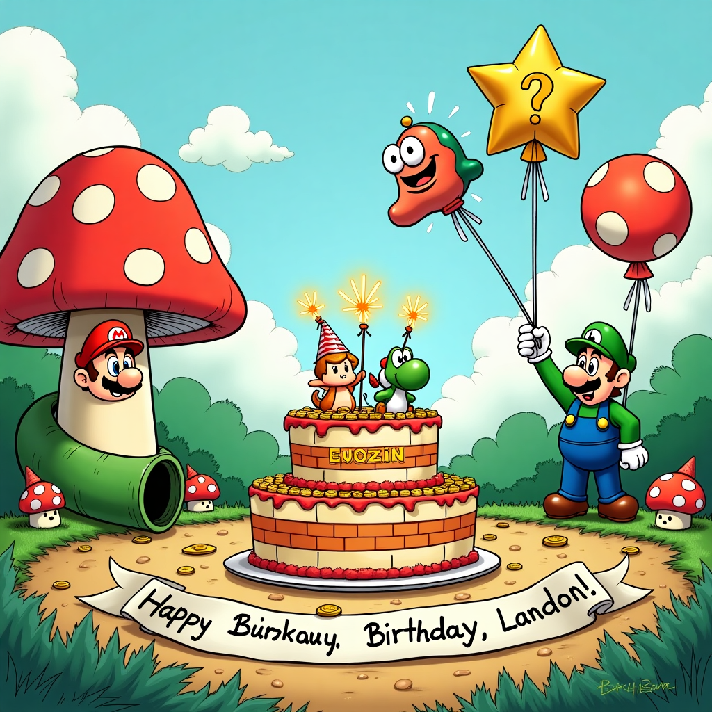 The scene is set in a whimsical mushroom kingdom where Super Mario's world comes alive with a unique twist inspired by the likes of Charles Schulz and Bill Watterson. The backdrop is a lush, vibrant landscape dotted with oversized, polka-dotted mushrooms. To the left, a large pipe emerges from the ground, with Mario himself peeking out, wearing a party hat that's slightly askew. Above him, a collection of floating gold coins spell out "Landon," each glimmering in the sunlight. 

In the center of the scene, there's a large birthday cake in the shape of a green warp pipe, complete with deliciously detailed icing that looks like the familiar bricks from the game. Instead of candles, the cake is topped with tiny, jubilant Koopas holding sparklers, their shells painted in various pastel colors. To the right, Luigi is juggling a trio of cheerful balloons shaped like Yoshi, Princess Peach, and a star, each balloon reflecting the playful art style reminiscent of Gary Larson's Far Side.

In the sky, fluffy clouds form the outline of a question block, and one of them opens to reveal a "?" that doubles as a miniature parachute carrying a small gift box. Birds, drawn in the playful, expressive manner of Winsor McCay, flutter around, chirping festive tunes. At the bottom, a handwritten "Happy Birthday, Landon!" is scrawled across a banner held by a pair of animated Goombas, their eyes wide with excitement. The entire scene is a vibrant, dynamic celebration of Mario’s world, with every character and element joyously participating in Landon's special day.
Generated with these themes: Super Mario.
Made with ❤️ by AI.