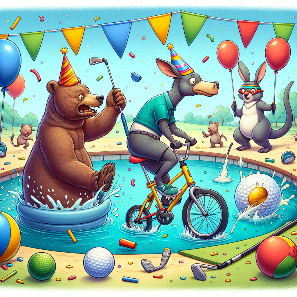 Create a vibrant and humorous birthday card illustration. The image should depict an animated scene where various animals are engaged in sports. On one side, visualize a bear wearing a party hat clumsily swimming in a pool, with water being spouted in a comical manner. Adjacent to it, depict a kangaroo wearing festive gear, attempting to swing a golf club, resulting in the ball being sent on a haphazard trajectory. In the front, illustrate a rabbit donning a tiny helmet, pedaling a bicycle that is significantly larger for its size, adding to the comic birthday incident. Enhance the celebratory vibe with details of balloons and confetti scattered around.
Generated with these themes: Swimming, Golf, and Cycling.
Made with ❤️ by AI.