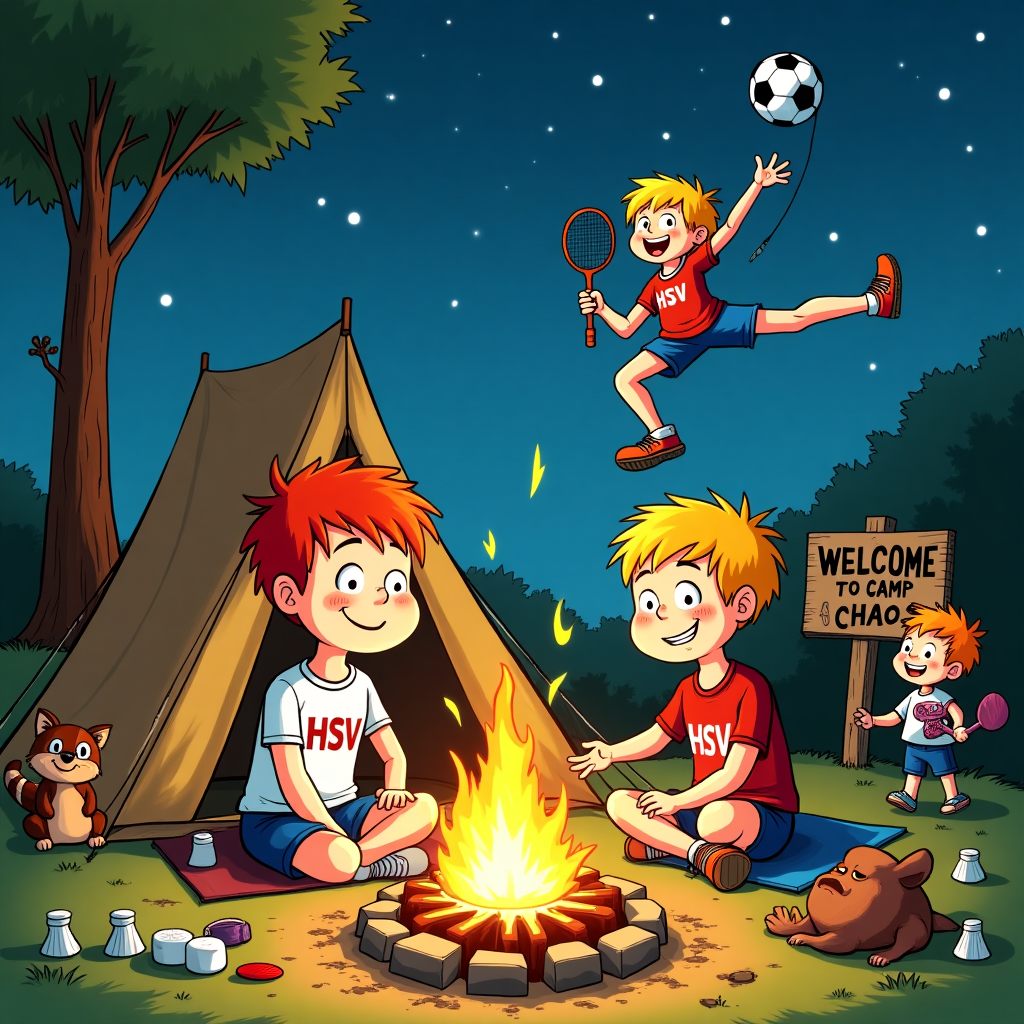 **Image Prompt:**

At the top of the cartoon image:  
🎂 “HAPPY CAMP-IVERSARY WIEBKE & TORBEN — S’MORE FUN EVERY YEAR!” 🎂  

Create a funny cartoon scene of a cheerful couple, Torben and Wiebke, sitting by a crackling campfire under the starry sky. Torben has short, red hair, is proudly wearing an HSV soccer jersey, and is juggling a soccer ball with one foot while holding a fishing rod that's accidentally snagged a sock from the laundry line. Wiebke, with short, blonde hair, is balancing on one leg doing a yoga pose with a badminton racket in her hand, while trying to take a perfectly-timed selfie of their chaotic camping moment.

Surrounding the fire are humorous camping props—marshmallows catching fire, a sneaky raccoon trying to steal a fish, and an over-packed tent exploding with badminton shuttlecocks, table tennis paddles, and yoga mats.

In the background, two boys—one 12-year-old with red hair and a cheeky grin, the other a 10-year-old blonde with a badminton birdie stuck in his hair—are play-fighting with table tennis paddles like lightsabers next to a “Welcome to Camp Chaos” sign.

Everything is drawn in a colorful, exaggerated cartoon style, bursting with personality, camping quirks, and birthday mischief.
Generated with these themes: A Couple at the campfire. The man is called Torben and he have short, red hair. The woman is called Wiebke and she have short, blonde hair. She love to play badminton and he plays soccer and tabletennis. They love to camp, he loves fishing, she loves to take photographs. He really loves the German soccer club hsv and she loves yoga. In the background there a playing two boys, a 12 year old with red hair and a 10 year old with blonde hair.
Made with ❤️ by AI.