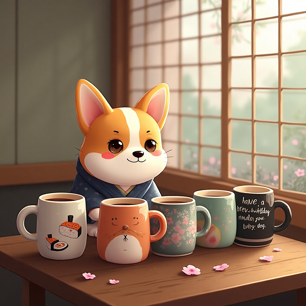 **Image Prompt:**

Capture a photorealistic scene set in a quaint Japanese cafe, where a mischievous corgi sits at a small wooden table. The corgi is wearing a traditional Japanese yukata, with its adorable head cocked to the side, and a curious gleam in its eyes. In front of it, a lineup of colorful and oversized coffee mugs, each with different whimsical designs of sushi, cherry blossoms, and sumo wrestlers. The mugs are comically large, emphasizing the corgi's petite stature. 

Natural light filters through shoji screens, casting delicate shadows across the room. A few cherry blossom petals have blown in, adding a gentle touch to the scene. On the nearest mug, there's a small chalkboard-style caption, elegantly written in playful, swirly font: 

"Have a brew-tiful birthday, you lucky dog!"
Generated with these themes: Corgi , Coffee Mugs, Japan, and .
Made with ❤️ by AI.