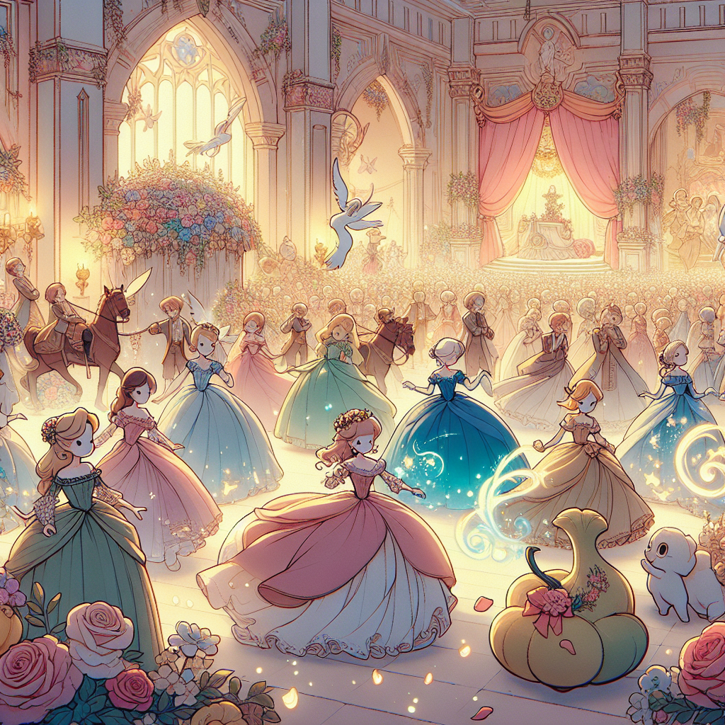 Imagine a heartwarming cartoon wedding scene, evocative of a tale from a classical storybook, rendered in soft, pastel hues. Adorable animated noblewomen, dressed in elegant flowing gowns of various colors, sway in rhythmic dances, accompanied by their gallant partners in luxurious attire, gradually converging towards a beautifully designed altar. The setting is enriched by the presence of various kinds of flowers, notably roses and peonies. Extraordinary elements like enchanted gourds and luminous horse-drawn carriages serve as details in the scene, enhancing the nostalgic and whimsical charm reminiscent of age-old romantic lore.
Generated with these themes: disney princess and Prince.
Made with ❤️ by AI.