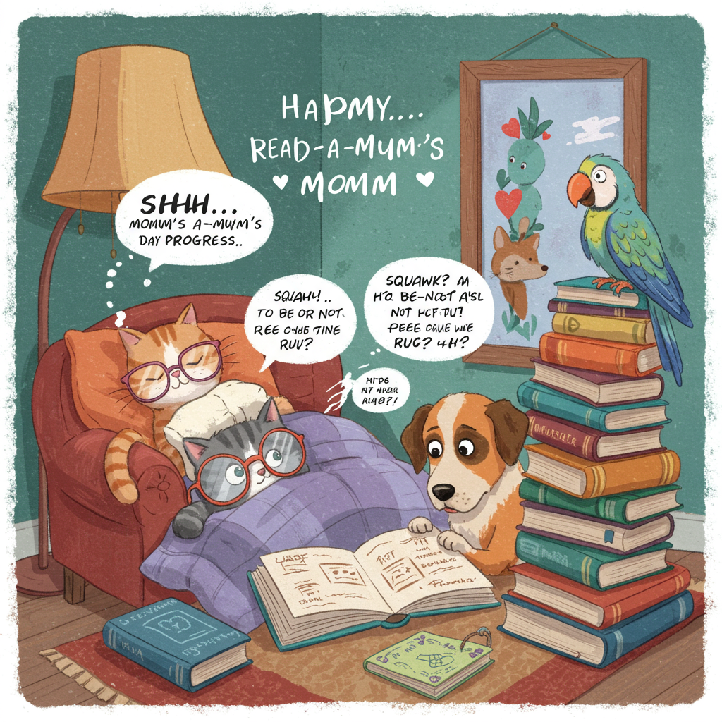 **Prompt:**  
At the top of the illustration image: *Happy Read-a-Mum’s Day, Momm!*  

An illustrated scene of a cozy reading nook that has clearly been taken over by mischievous pets pretending to read — a cat is wearing reading glasses upside down while sprawled on an open romance novel, a dog is buried under a blanket with a pile of cookbooks, looking bewildered, and a parrot is perched atop a stack of books dramatically quoting Shakespeare ("Squawk! To be or not to pee on the rug?"). In the background, there’s a framed sign that reads "Shhh... Momm’s Me-Time in Progress!" The overall style is bright, colorful, and whimsically detailed with soft textures and comical expressions, celebrating Mom’s sacred reading time—when even the pets *pretend* to chill.
Generated with these themes: reading .
Made with ❤️ by AI.