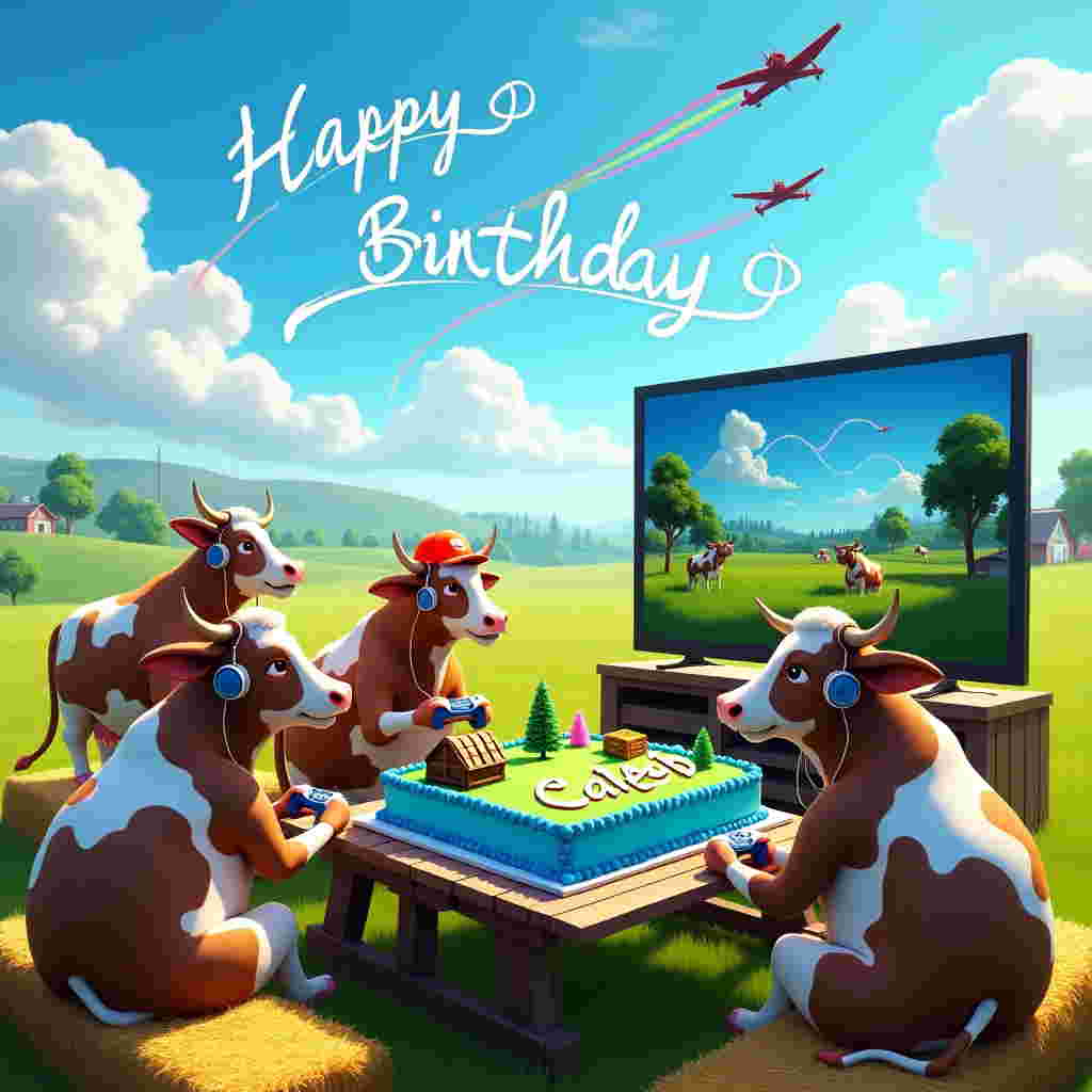The scene unfolds on a vibrant, sunlit farm, where a group of quirky cows are enthusiastically gathered in front of a massive flat-screen TV set up in the open field. They're intensely focused on playing Fortnite, using their hooves to expertly navigate oversized controllers. The cows are seated on bales of hay, which have been arranged in a semi-circle, as if they're in an outdoor gaming lounge. Each cow wears a different set of headphones, comically adapted to fit their bovine heads, with one wearing a bright red cap backward, adding a hint of personality.

In the center of the scene is a large, elaborately decorated birthday cake on a wooden picnic table. The cake is shaped like a Fortnite island, complete with miniature trees and a tiny treasure chest on top. The cake has bright blue and green frosting, mimicking the game’s terrain. Atop the cake, spelled out in colorful icing, are the words "Happy Birthday Caleb!" in large, playful letters. Surrounding the cake are small toy airplanes, with one daringly poised to 'land' on the cake’s surface.

Above, the sky is a brilliant blue, with fluffy white clouds gently floating by. In the distance, you can see several small planes flying in formation, and skywriting above them spells out "Caleb" in a swooping, curly script, as if the sky itself is celebrating his special day. Each plane drags a long streamer of rainbow colors, adding to the festive atmosphere. This whimsical, humorous scene captures the unexpected fusion of farming life and modern gaming, all while celebrating Caleb’s birthday in a uniquely unforgettable way.
Generated with these themes: Cows playing Fortnite with birthday cake and airplanes.
Made with ❤️ by AI.
