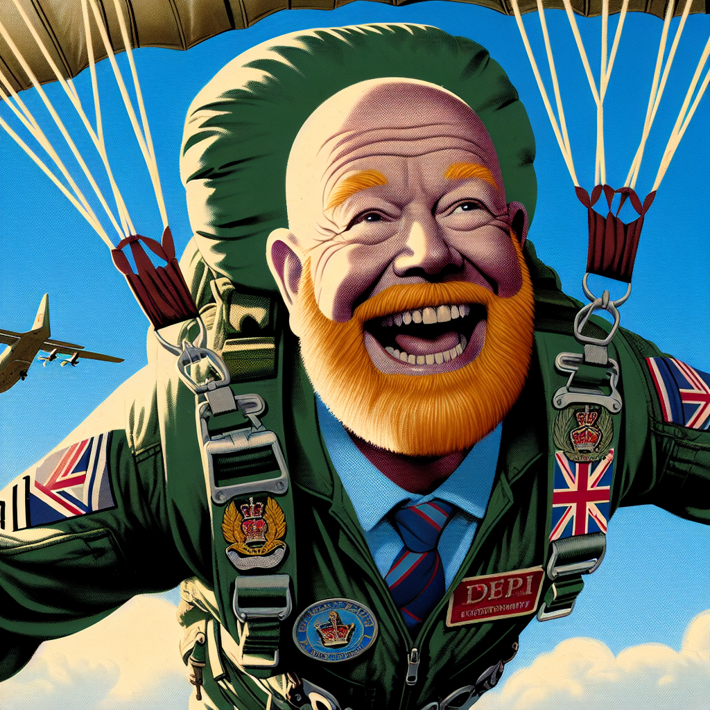 Generate a whimsical farewell cartoon featuring a jolly Hispanic RAF Flight Sergeant, recognizable by his ginger beard, delighting in parachuting. The aged, bald sergeant is sporting his instructor attire that includes badges showing him as a Parachute Jumping Instructor (PJI). His gleaming bald head reflects the sunlight. The image illustrates him humorously leaping out of a C130 plane, portrayed in an overstated freefall, with a parachute displaying a novel illustration of the United Kingdom's flag, adding a touch of patriotism to his grand departure.
Generated with these themes: Ginger beard, Parachute Jumping Instructor, Royal Air Force , Parachuting, C130, Freefall, PJI, RAF Flight Sergeant, Bald, and United kingdom.
Made with ❤️ by AI.