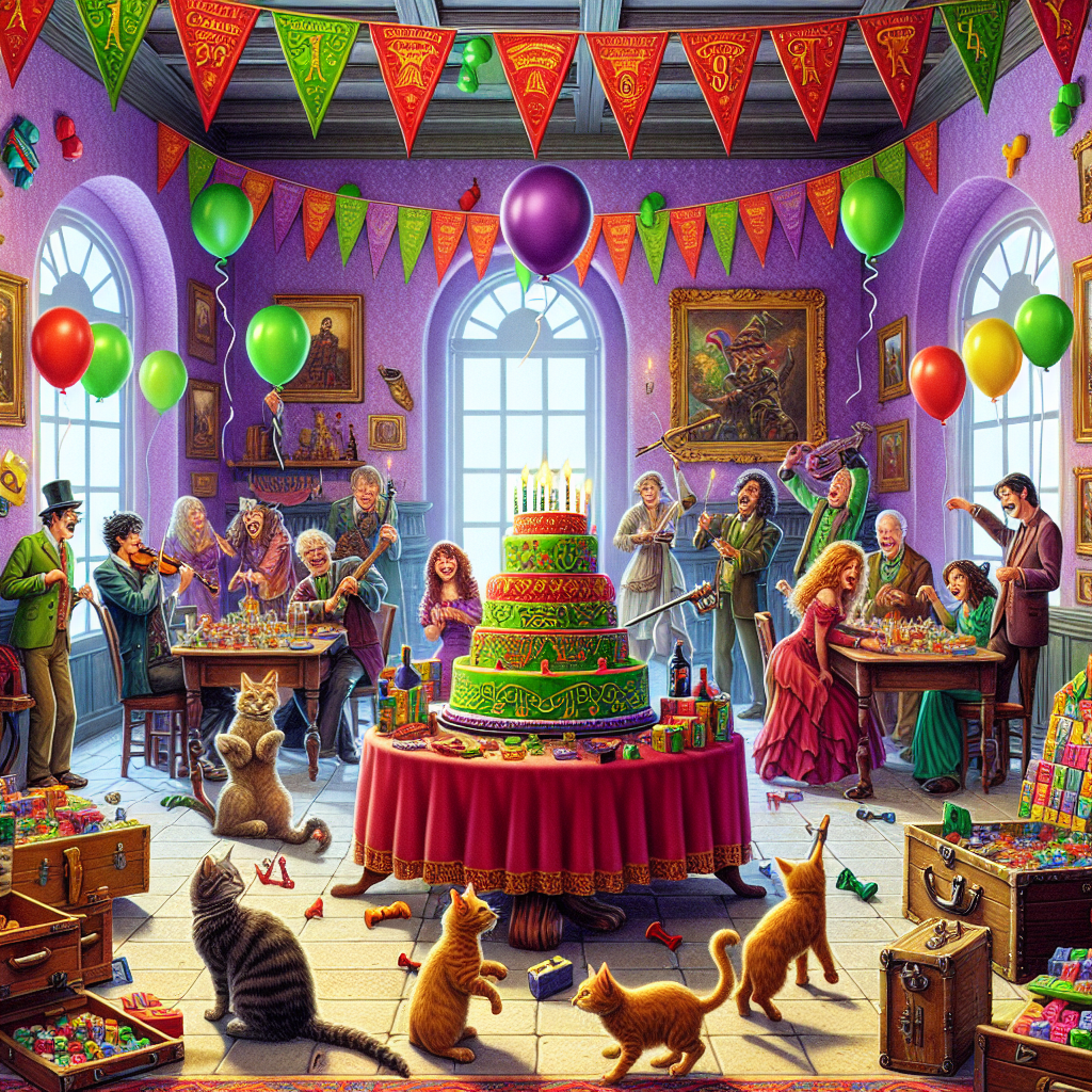 Picture a lively party room permeating with laughter and joy. The walls are festooned with vibrant red, green, and purple banners and balloons, creating a merry atmosphere. The centerpiece of the room is an intriguing cake, masterfully decorated with tiny edible swords and guitars. Guests of various descents and genders, engage in cheerful interactions around a table heavily stocked with board games. Several mischievous cats of differing breeds wander around the room, nimbly avoiding the guests' feet, adding an endearing touch of whimsy to this grounded, realistic birthday scene.
Generated with these themes: Red green purple, Swords, Guitars, Board games, and Cats .
Made with ❤️ by AI.