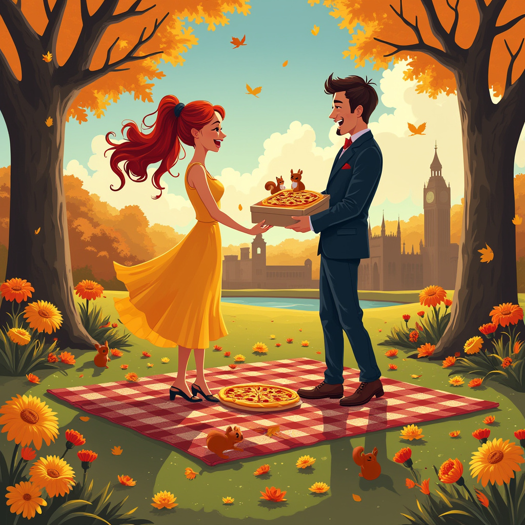 Autumn leaves , Blue skies , Red haired wife in yellow top and skirt , Dark haired husband with a pony tail in dark suit , Rectangle pizza , Yellow and orange Chrysanthemums , and Cardiff Anniversary Card