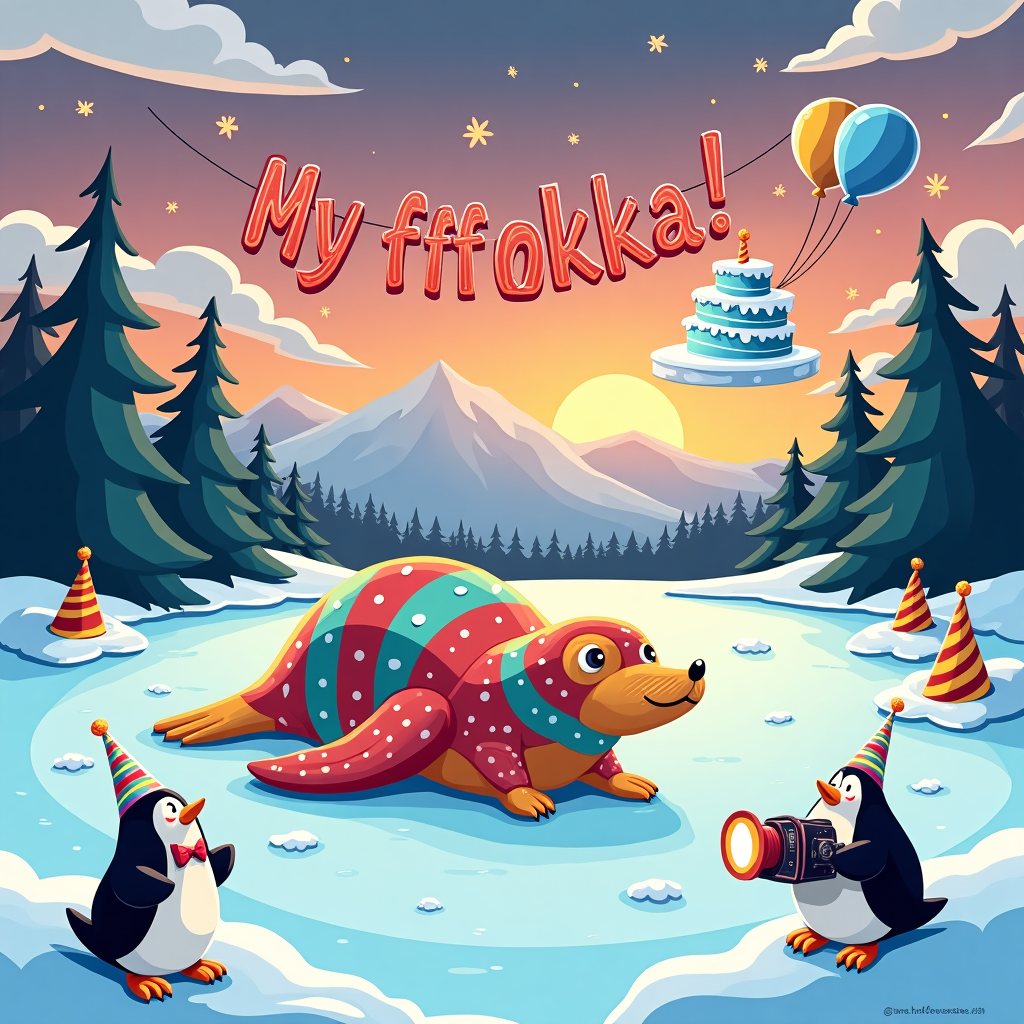 In the center of the card, create an ice rink that stretches across the scene, resembling a frozen lake surrounded by snow-topped pine trees, with a dash of whimsy that evokes a classic animated feel. A fantastical creature called a "Furnseal" (a fusion of a seal and a cozy armchair) is gracefully gliding across the ice. Imagine a seal with an armchair's plush upholstery texture, complete with rounded armrests and wooden legs sliding behind it like flippers. Its fur is a patchwork of vibrant colors like a kaleidoscope, featuring hues of bright red, electric blue, and sunny yellow.

Scattered around the ice are oversized party hats, each one with bold stripes and polka dots, mirroring the colors of the Furnseal. The hats are tipped over with a few birthday candles poking out from the tops like little chimneys emitting spirals of smoke, a nod to the festive theme. In one corner, a gigantic birthday cake, with tiers in the form of melting igloos, sits atop a floating ice platform. Its frosting is a luminous white, glistening under the cartoon sun, with frosty blue and purple accents.

Across the sky, a colorful banner strung between two hovering balloons spells out "My fffffokka!" in exaggerated, swirling letters reminiscent of a '60s psychedelic font. The letters are rainbow-colored, bouncing between clouds like they're ready to pop out of the scene.

The background features a twilight sky painted in soft gradients of lavender and tangerine, dotted with twinkling cartoon stars. A pair of penguins, sporting oversized bow ties, watch the Furnseal in amazement from the sidelines, one of them holding an old-fashioned camera with a large flashbulb, preparing to capture the spectacle.

The style is a playful mix of cartoonish exaggeration with vibrant colors and dynamic lines, giving a nod to the aforementioned artists, with a touch of Charles Schulz's simplicity, Walt Disney's whimsical fantasy, and Bill Watterson's bold humor.
Generated with these themes: Furnseal on ice.
Made with ❤️ by AI.
