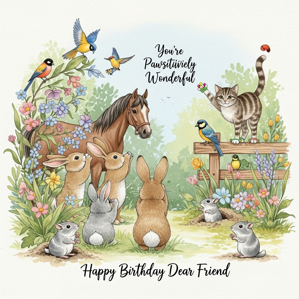 At the bottom of the Watercolor Style image, the text reads: "Happy Birthday Dear Friend."

Create a charming scene where a whimsical gathering of fluffy rabbits and graceful horses are celebrating a birthday in a lush garden. They are joyfully engaged in bird watching, their attention drawn to a flutter of vibrant birds perched among the blooming flowers. Nearby, curious gerbils peek from their tiny burrows, while a mischievous cat balances with finesse on a garden fence, showing off its brightly colored false nails. The soft watercolor palette captures the serene beauty of nature, with hues of pastel greens, gentle blues, and warm earthy tones, giving a sense of whimsy and wonder. 

The card subtly hints at the joy of shared experiences, with a playful inscription in elegant script nestled amidst the scene: "You're Pawsitively Wonderful!"
Generated with these themes: Rabbits, horses, bird watching, gerbils, cats, gardening, false nails, and .
Made with ❤️ by AI.