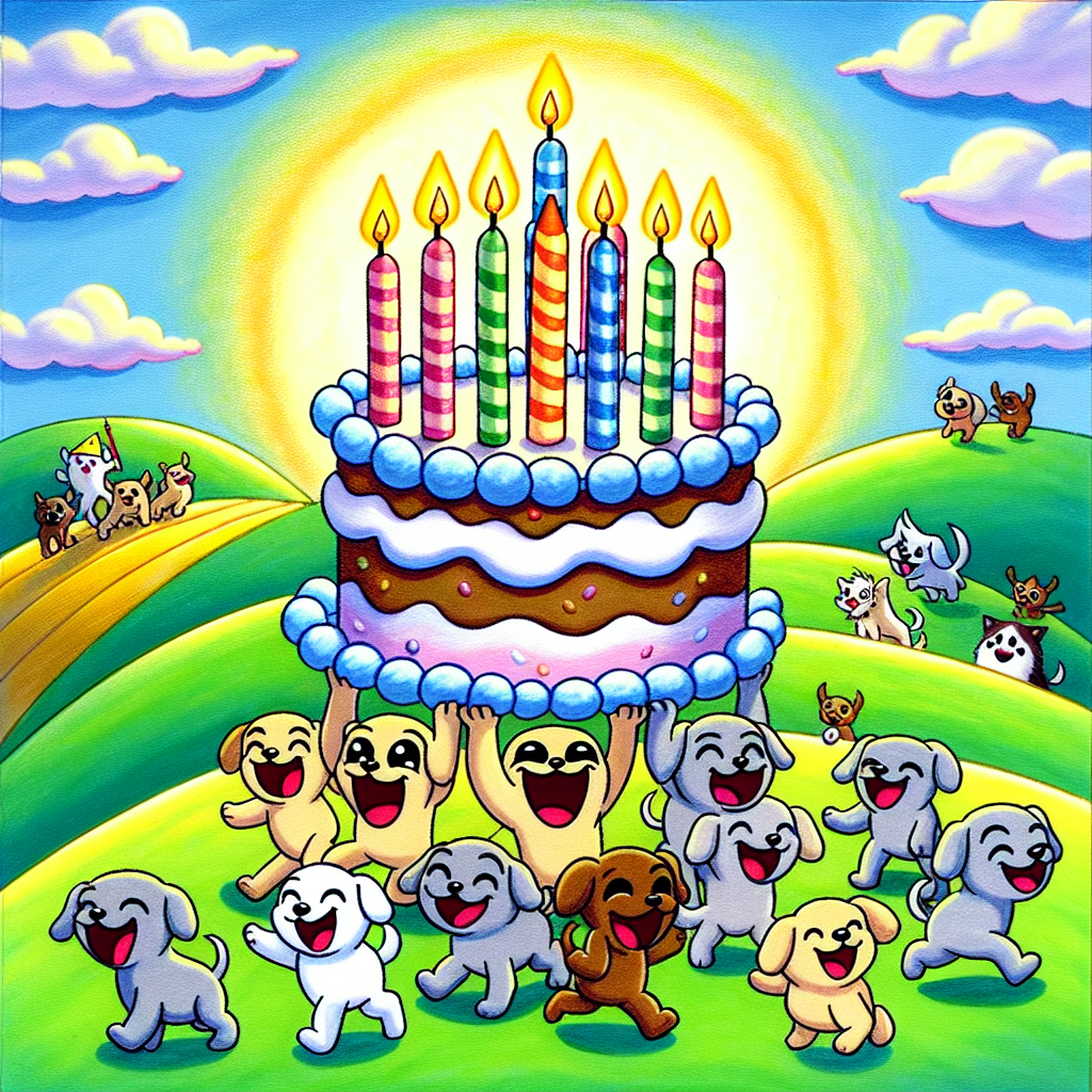 Look upon a scene of cartoon landscape where rolling hills meet a sky filled with joy. Taking the limelight is a procession of cute puppies, each wearing a unique expression and wagging their tails in unanimous gaiety. Nestled within this mirthful spectacle, discover a fun-loving character. This enthusiastic individual of undefined gender and ambiguous descent, prances forward, singing a tune meant for celebration. Atop their head, a grand birthday cake with multicolored icing balances precariously. The cake is adorned with candles bright as stars, all flickering erratically, mirroring the joyful chaos of the scene.
Generated with these themes: Singing, Walking, Puppies, Cake, and Hills.
Made with ❤️ by AI.