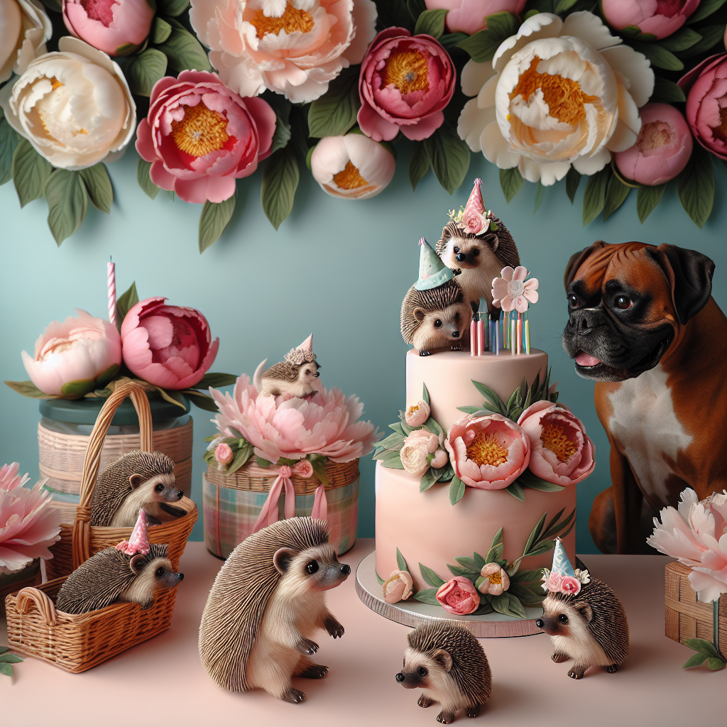 Imagine an enchanting and lifelike birthday setting. Picture hedgehogs with tiny party hats ambling between the guests, their cute antics eliciting joyous smiles. Set against a lush backdrop of peonies in varying shades of pink and cream, their full and elegant blossoms enhance the scene. Boxer dogs, known for their warm, expressive eyes, are carrying baskets filled with birthday favors. The centerpiece captures your attention, a beautifully crafted birthday cake. It's adorned with intricate sugar peonies and playful fondant hedgehogs, perfectly tying together the birthday theme that harmoniously blends the charm of nature with a festive atmosphere.
Generated with these themes: Hedgehogs, Peonies, and Boxer dogs.
Made with ❤️ by AI.