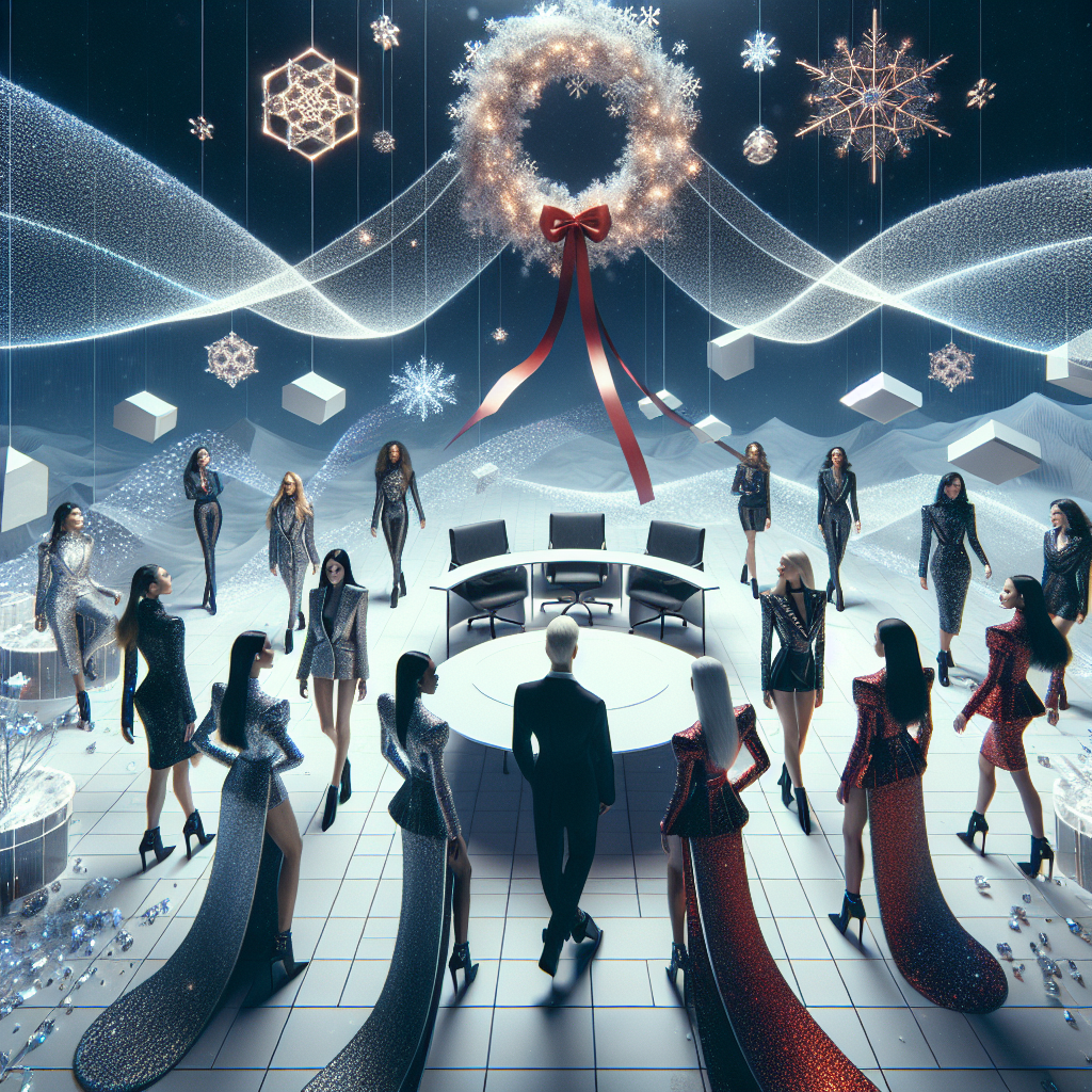 The office scene is an abstract arrangement of floating geometric shapes in a chilly winter atmosphere. Snowflakes hover like a delicate mobile above the all-female team, who are garbed in avant-garde, tinsel-laced attire, their movements creating ripples in the air that resemble the northern lights. The male member of the team is centrally placed, wrapped in a solitary swath of red ribbon that cascades from a wreath above him, suggesting both his uniqueness and unity with the group’s festive endeavor.
Generated with these themes: Winter scene depicting an office with an all female team with one male.
Made with ❤️ by AI.