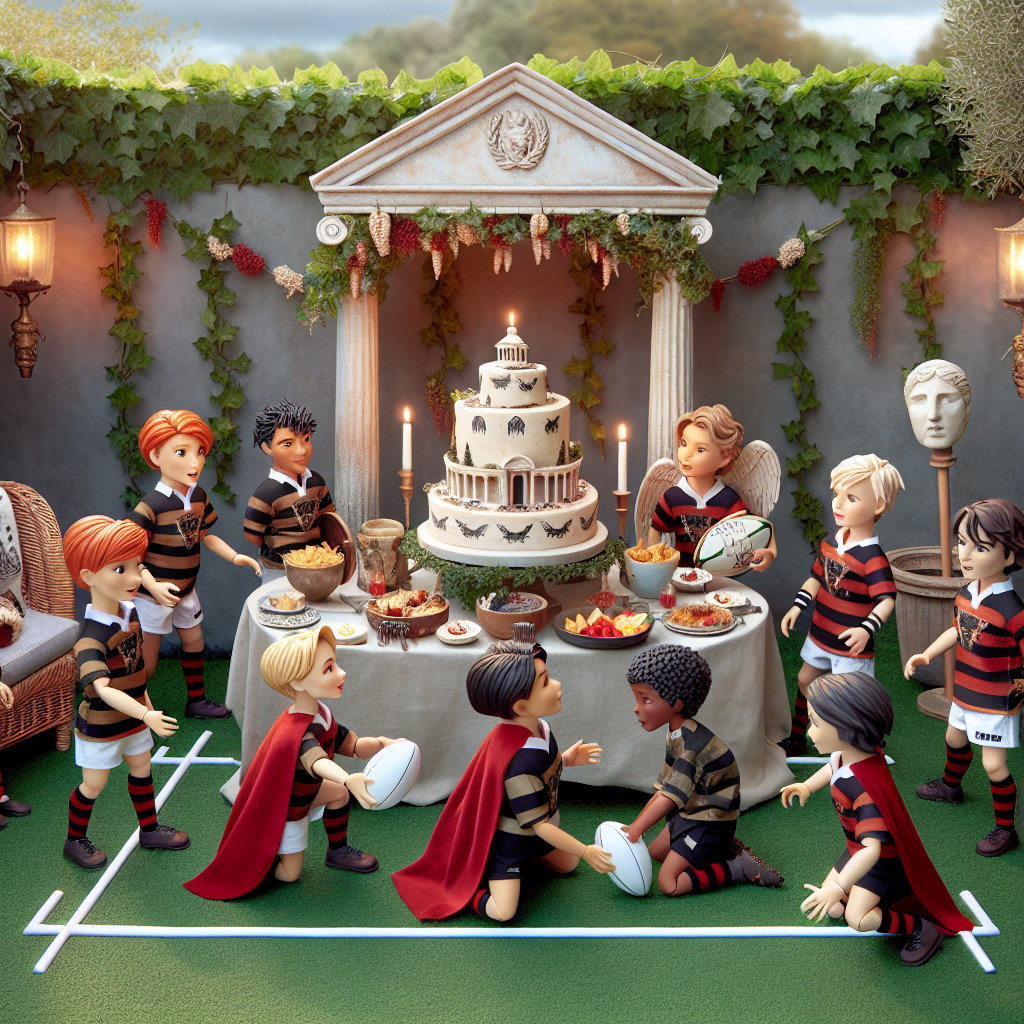 Visualize a picturesque garden hosting a delightful birthday party fusion of antiquity and modern fantasy. A group of 8-year-old children of diverse descents, some being Caucasian, Hispanic, Black, Middle-Eastern and South Asian, are engaged in a mini-rugby match. They are wearing jerseys with vampire emblems and Roman helmets. Surrounding the scene are delicate table settings presenting a spread of era-inspired snacks. A centerpiece of a charming cake, sculpted to resemble a Roman villa glows under the candlelight. The décor includes garlands of garlic cloves and ivy, accompanied by playful vampire masks and togas for fun dress-up activities, introducing an imaginative and historical twist to the celebration.
Generated with these themes: Roman history, Vampires, 8 years old, and Rugby.
Made with ❤️ by AI.