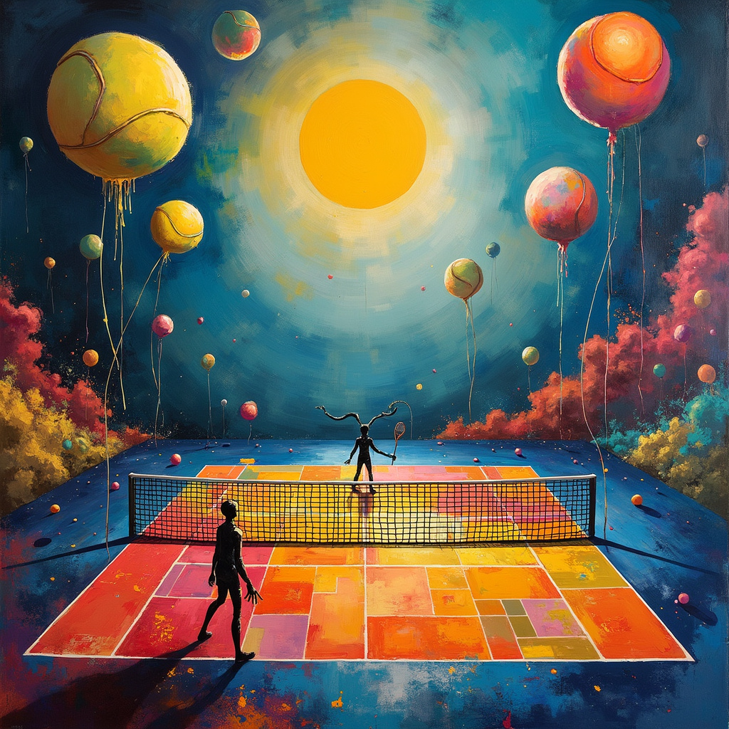 Imagine a dreamlike tennis court floating in the middle of a vast, cosmic space. The court itself is a vibrant, pulsating patchwork of Kandinsky-inspired geometric shapes and swirling colors, each section of the court bursting with different hues of deep blues, radiant yellows, and fiery reds. The net in the middle isn't a standard net; instead, it's an abstract lattice of Mondrian-like lines in bold black, with interspersed blocks of primary colors.

On one side of the court, a colossal racket made up of Jackson Pollock-esque splatters and drips stands upright, almost as tall as a skyscraper. The strings of the racket are dripping with thick, multicolored paint, each droplet frozen mid-fall, giving a sense of dynamic motion.

Hovering above the court are large, spherical birthday balloons, but they're not your average balloons. They resemble de Kooning's abstract forms, with organic shapes and vivid, contrasting colors swirling within them. Each balloon has a long, curling string made of shimmering, translucent material that winds and twists through the air, weaving in and out of the court's geometric layout.

In the background, a Rothko-inspired sky dominates, with layers of deep, ethereal colors blending into one another, creating a sense of endless depth. The sun is a giant, glowing tennis ball, with a texture reminiscent of Cy Twombly’s scribbles and energetic lines, casting a warm, golden light over the entire scene.

On the other side of the court, a figure stands ready to serve. This figure is a surreal, Miró-like creature, with whimsical, elongated limbs and an exaggeratedly expressive face. It's dressed in a patchwork outfit made of Malevich’s Suprematist shapes, combining sharp angles and bold contrasts.

Scattered around the edges of the court are various abstract elements inspired by Agnes Martin’s delicate, grid-like patterns, adding a sense of order and balance amidst the vibrant chaos. Floating in the distance, off to one side, is a stack of Gerhard Richter's blurred, photorealistic cakes, each one more delectable and surreal than the last, as if caught in a perpetual state of melting and reforming.

This surreal abstract birthday tennis scene is an explosion of color, form, and imagination, inviting viewers to get lost in its otherworldly charm.
Generated with these themes: Tennis.
Made with ❤️ by AI.