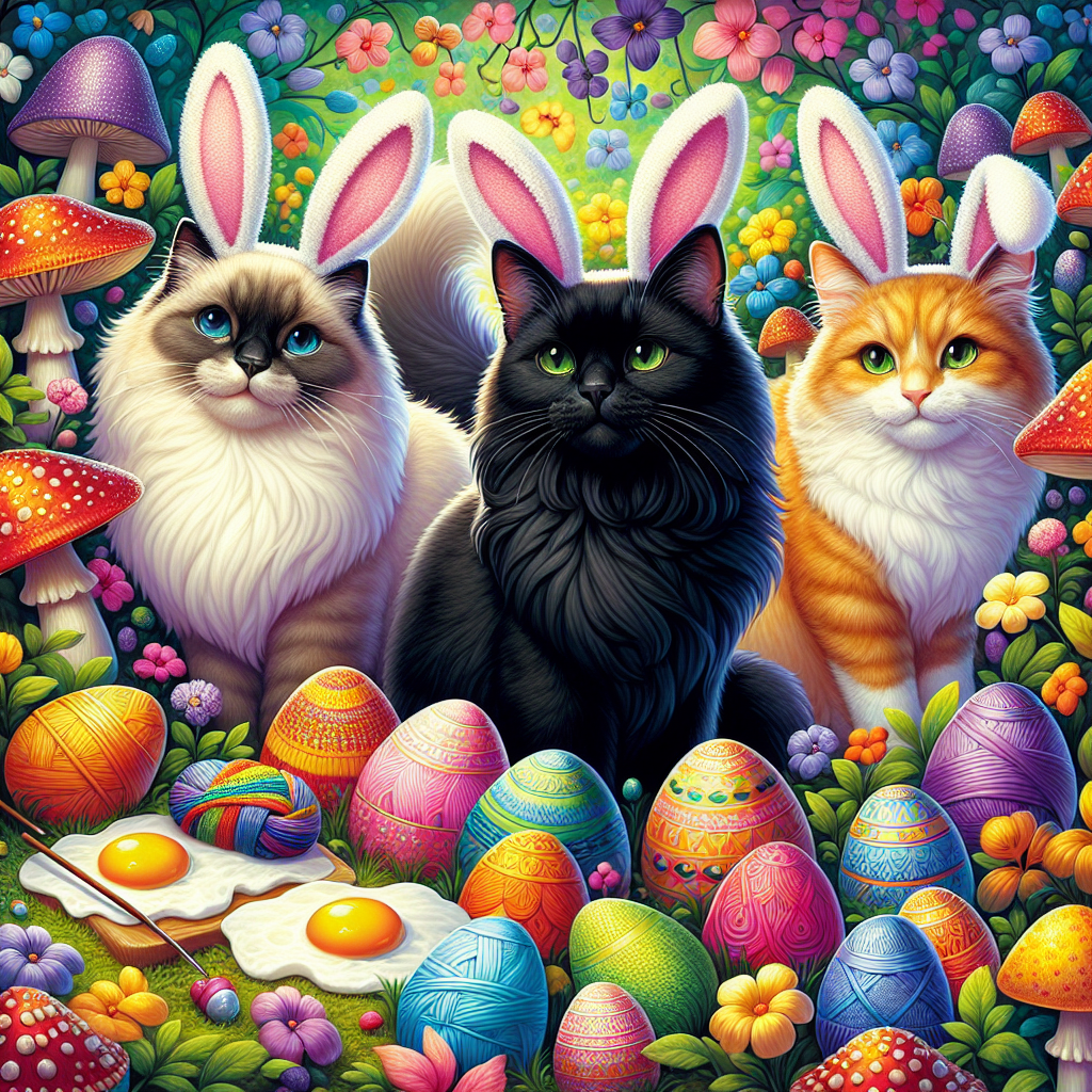 Create a delightful and whimsical Easter-themed illustration. Focus on cats of various descents such as a Caucasian cat with a fluffy tail, a sleek Black cat with bright green eyes, and a Ginger South Asian cat, all sporting bunny ears set amidst a vibrant field of colorful mushrooms. In this enchanting setting, playfully incorporate elements of balls of yarn and knitting needles resting peacefully. Accompany these feline characters with an array of eggs, from beautifully painted Easter eggs exhibiting a burst of colors to appetizing fried eggs with a hint of sizzling aroma, and fluffy mounds of scrambled eggs. All these elements collectively should evoke a charming feeling of springtime festivity.
Generated with these themes: cats, mushrooms, knitting, eggs, eggs, fried eggs, scrambled eggs.
Made with ❤️ by AI.