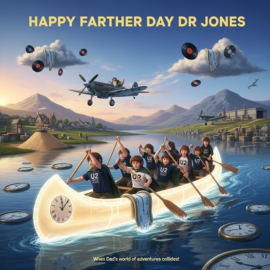 At the top of the Surreal Style image, include the text "HAPPY FARTHER DAY DR JONES" in bold, playful letters.

---

**Image Description:**

A whimsical and dreamlike scene where an ethereal, glowing canoe glides across a river of melted clocks, reflecting Dali-esque surrealism. The canoe is manned by a group of hobbits, each wearing U2 band shirts, energetically paddling with long DIY store paintbrushes as oars. In the distance, an enigmatic World War II fighter plane hovers silently in the sky, piloted by a Gandalf-like figure with aviator goggles. The landscape is a blend of Middle-earth and a quaint DIY store, with mountains of sawdust and paint cans creating a peculiar horizon. Floating in the air, vinyl records replace clouds, casting shimmering, iridescent shadows on the surreal scene below. The image's lighting is a dreamy blend of twilight hues, adding a magical, otherworldly glow. A small, cheeky caption in the bottom corner reads, "When Dad's world of adventures collides!"
Generated with these themes: World War II, Lord of the Rings, Canoeing, U2, DIY stores, and .
Made with ❤️ by AI.