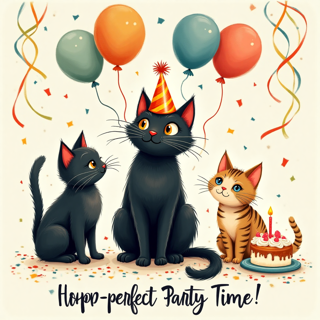 At the top of the Illustration Style image, include the text: "Happy Birthday"

---

**Image Description:**

A delightful and whimsical scene unfolds with three playful cats celebrating a birthday. The center of the illustration features a curious black cat, its fur a silky shade of midnight, balancing a colorful party hat slightly askew on its head. To the left, another black cat, just as glossy, playfully bats at a cluster of floating balloons, their strings tied in an adorable tangle. On the right, a charming tabby cat, with its distinctively striped coat, is seen sitting next to a small, festively decorated cake, with a single lit candle flickering warmly.

The background is a lively array of vibrant streamers and confetti, creating a sense of joy and celebration. The color palette is warm and inviting, with rich hues of oranges, yellows, and blues enhancing the festive mood. Fine linework and textured brush strokes bring the cats and their surroundings to life, making this a perfect image for a cute birthday greeting.

Beneath the scene, in a playful and elegant handwritten style, the caption reads: "Purr-fect Party Time!"
Generated with these themes: Black cat, Black cat, Tabby cat, and .
Made with ❤️ by AI.
