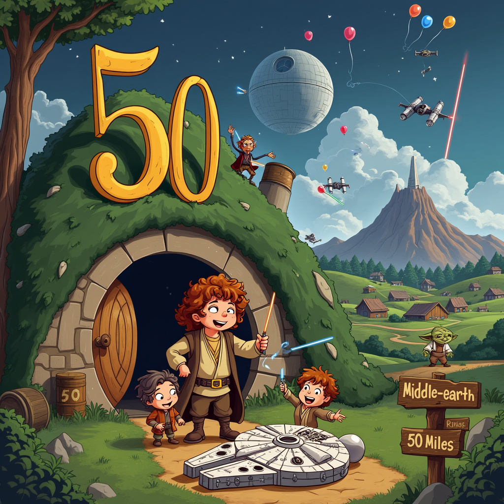 In a whimsical cartoon mash-up, picture Bilbo Baggins standing in front of a modest hobbit hole with a large, golden number "50" painted on the round, wooden door. Bilbo, with his signature curly hair and wide-brimmed hat, looks both bewildered and amused, holding a gigantic birthday cake shaped like the Millennium Falcon, complete with lit candles and intricate details. 

To Bilbo’s left, a small group of hobbits, including Sam, Frodo, and Merry, are dressed in Jedi robes, brandishing lightsabers and chuckling. Sam is juggling colorful balloons with the numbers "5" and "0" printed on them, while Frodo has a Jedi holocron in one hand and a ring box in the other, indicating the merging of these two epic universes.

Behind Bilbo, Gandalf the Grey, with a mischievous twinkle in his eye, is waving a wand that looks suspiciously like a lightsaber, casting sparkly magic across the scene. Yoda, standing on a barrel next to Gandalf, gives Bilbo a knowing wink, as if to say, "Age matters not."

In the background, the iconic Mount Doom is hilariously transformed into the Death Star, complete with an ominous laser being fired. A playful banter of Tie Fighters and X-wing starfighters engage in a dogfight overhead, with the Shire’s rolling hills and hobbit homes dotting the landscape below.

At the bottom right corner, a signpost reads “Middle-earth - Far, Far Away 50 Miles,” humorously combining the two worlds. The overall scene is bustling with action and humor, capturing the essence of both Lord of the Rings and Star Wars while celebrating the milestone of turning 50.


Generated with these themes: Lord of the Rings, Bilbo Baggins, 50, and Star Wars.
Made with ❤️ by AI.