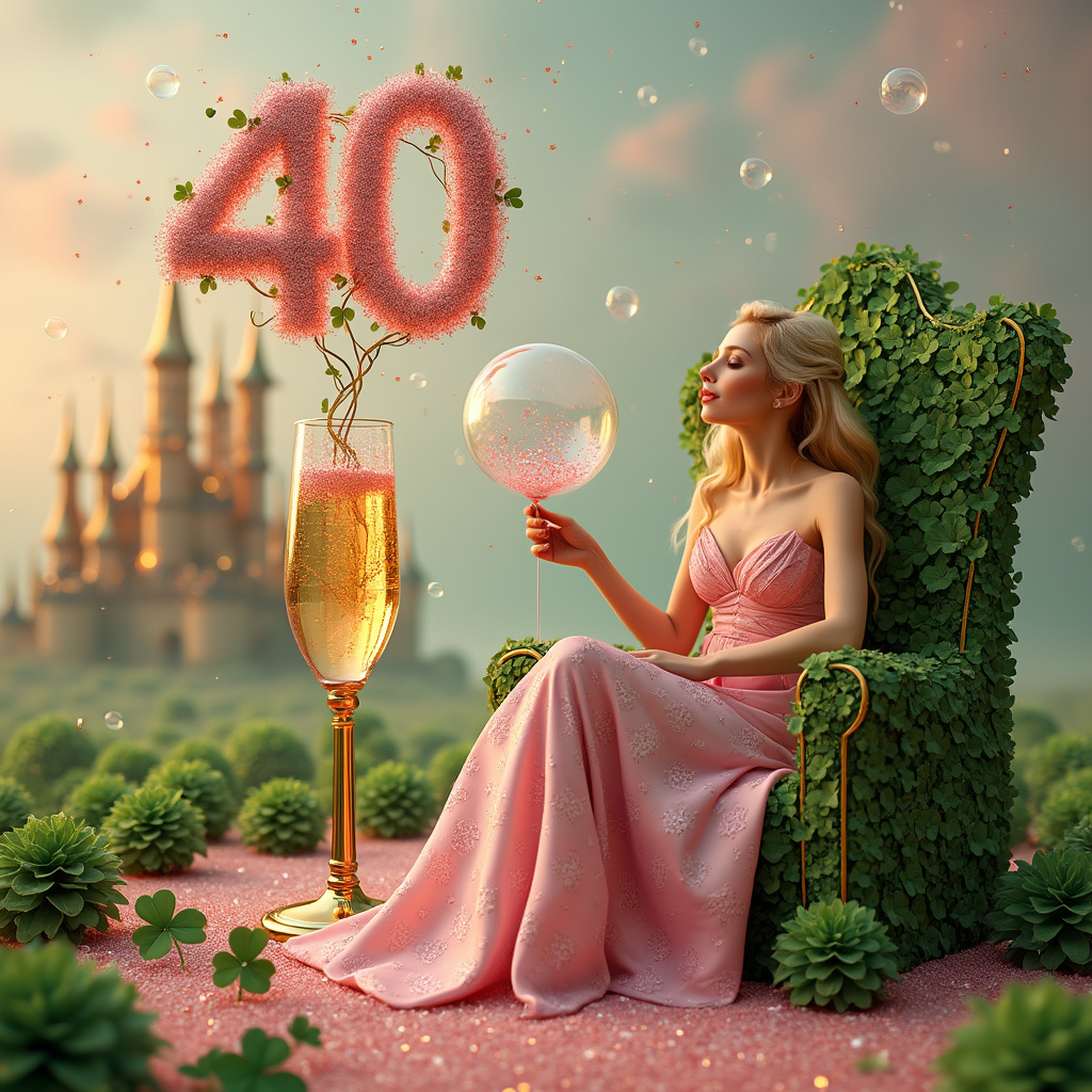 In a whimsical land where dreams take form, the front cover of this surreal realistic birthday greetings card presents an enchanting tableau. At the heart of the scene stands a stately, golden champagne flute, its stem adorned with intricate vines of shimmering pink sparkles that spiral upwards and twinkle like tiny stars. Emerging from the top of the flute is a giant '40' crafted from intertwining vines and pink sparkles, floating gently above.

To the right, there’s an elegant princess throne made of green shamrocks that seem to softly glow. Sitting regally on the throne is a striking blonde lady, her hair cascading in golden waves down her shoulders. She wears a flowing pink gown adorned with subtle patterns of shamrocks, each leaf delicately sparkling. The gown flows around her, merging seamlessly into the ground that is carpeted with pink sparkles, creating a magical effect.

In her hand, the blonde lady holds a delicate, transparent balloon in the shape of a '40', filled with pink sparkles that dance inside it. Scattered around her feet are tiny shamrocks and bubbles, each encapsulating a small sparkle, enhancing the scene’s fairy-tale quality.

In the background, a castle made of champagne bottles rises, each tower and turret glistening in the light, the walls seemingly built from translucent golden liquid. The sky above is a gradient of pink, dotted with floating, glimmering shamrocks and champagne bubbles that add an ethereal touch to the scene.

The overall composition merges the themes harmoniously, creating a visually captivating story where every element from the blonde lady to the champagne and pink sparkles, the 40th milestone, shamrocks, and princess-like charm come together in a surreal, enchanting birthday celebration.
Generated with these themes: Champage, Pink sparkles, 40 birthday, Shamrock, Princess , and Blonde lady .
Made with ❤️ by AI.