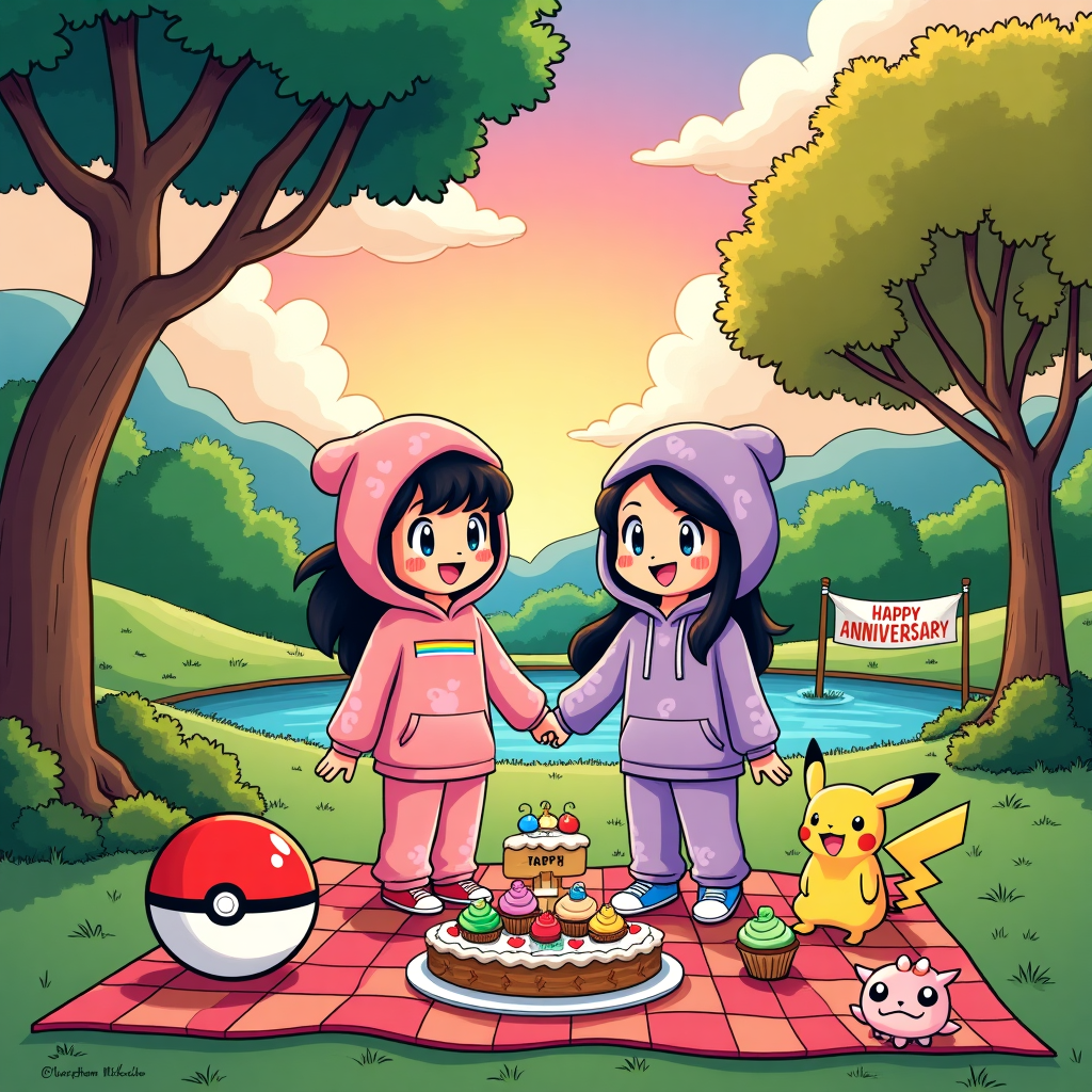 The front cover of the greeting card bursts with vibrancy and whimsy, set in a lush, fantastical park setting reminiscent of a scene straight out of a Pokémon adventure, yet imbued with the charm of a Sunday morning comic strip.

Foreground: A pair of cartoon-style, exaggerated-featured Pokémon trainers, depicted as two playful, joyous women, stand hand-in-hand. Both are donned in vividly colorful attire, with one trainer sporting a pastel pink hoodie adorned with a rainbow patch and the other in a lavender jumpsuit with heart motifs. Their expressions are full of lively detail, eyes wide like Osamu Tezuka's characters, and mouths open in mid-laugh, echoing the playful energy of Bill Watterson’s style.

To the left of the trainers, a Poke Ball picnic setup is spread across a checkered blanket with an array of delicious treats, styled in a whimsical Hergé manner. There are mini cupcakes, each topped with a frosting swirl that mimics Pokémon types—electric yellow, grass green, and water blue. Among the treats, a Poke Ball cake stands grand, with “Bronte Jennings” artfully written in white icing across its top. The cake’s design is crisp and clean, reflecting Winsor McCay’s intricate detail.

Background: The backdrop features a lush parkscape, reminiscent of the dreamy quality found in Will Eisner's work, with rolling hills and whimsically twisted trees that evoke a sense of movement. A sky painted in gradient hues of twilight pink and orange stretches above, with stylized clouds resembling R. Crumb’s detailed lines floating overhead. Two cartoon-style Pokémon, a Pikachu with an exaggeratedly fluffy tail and a Jigglypuff with oversized eyes, frolic nearby, capturing the joyful essence of Charles Schulz’s playful character interactions.

In the middle distance, a small pond reflects the kaleidoscope sky, while on its banks, a banner is strung between two trees with the words “Happy Anniversary” in bold, hand-drawn letters echoing the dynamic lettering style of Art Spiegelman. The banner is surrounded by heart-shaped balloons floating gently, drawn in a Gary Larson-esque comedic twist.

Overall, the scene is a celebration of love and fun, filled with the energy of a comic strip while embracing the colorful world of Pokémon, all woven together with artistic inspiration from the giants of the illustrative world.
Generated with these themes: Pokémon , Anniversary, Poke ball , and Lesbians.
Made with ❤️ by AI.