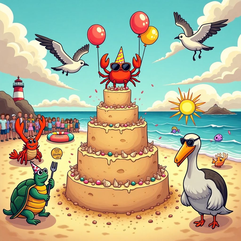 In a whimsical seaside setting, a quirky birthday card scene unfolds featuring a delightfully peculiar beach party. At the center of this comic spectacle is a jovial crab, sporting a tiny birthday hat and comically large sunglasses, perched atop a sandcastle shaped like a grand, tiered birthday cake. The sandcastle is dotted with seashells resembling frosting swirls and small beach pebbles acting as sprinkles. This sand-cake has a festive flag on top that reads, "Happy Crabday!" In the background, cartoon seagulls, with exaggerated expressions, hover over the scene, each holding brightly colored balloons tied to their beaks. These balloons have funny faces drawn on them, reminiscent of Bill Watterson's whimsical humor.

Nearby, a crowd of anthropomorphic sea creatures, inspired by the lively style of Osamu Tezuka, are gathered around, eagerly watching. There's a turtle with a polka-dotted party hat, juggling starfish like a carnival act, and a lobster wearing a bowtie, holding a giant, oversized fork and knife like he's ready to feast on the birthday sandcastle. On the right, a quirky pelican in an inflatable ring sings into a microphone made from a coral branch, his beak wide open in an exaggerated cartoonish fashion.

The sea behind them is animated with waves drawn in a playful, exaggerated style akin to Hergé's work, with small fish jumping out, wearing tiny birthday hats. A distant lighthouse stands humorously askew, and a sun, drawn with a smiling face and sunglasses, sets low on the horizon, casting warm, playful shadows across the scene. The sky is a vivid tapestry of pastel colors, transitioning from pinks to oranges as the day turns to dusk, dotted with fluffy clouds that subtly resemble whipped cream swirls. This card promises to evoke chuckles with its zany, colorful, and imaginative portrayal of a seaside birthday bash, bringing a touch of the unexpected to any birthday celebration.
Generated with these themes: CRAB, and .
Made with ❤️ by AI.