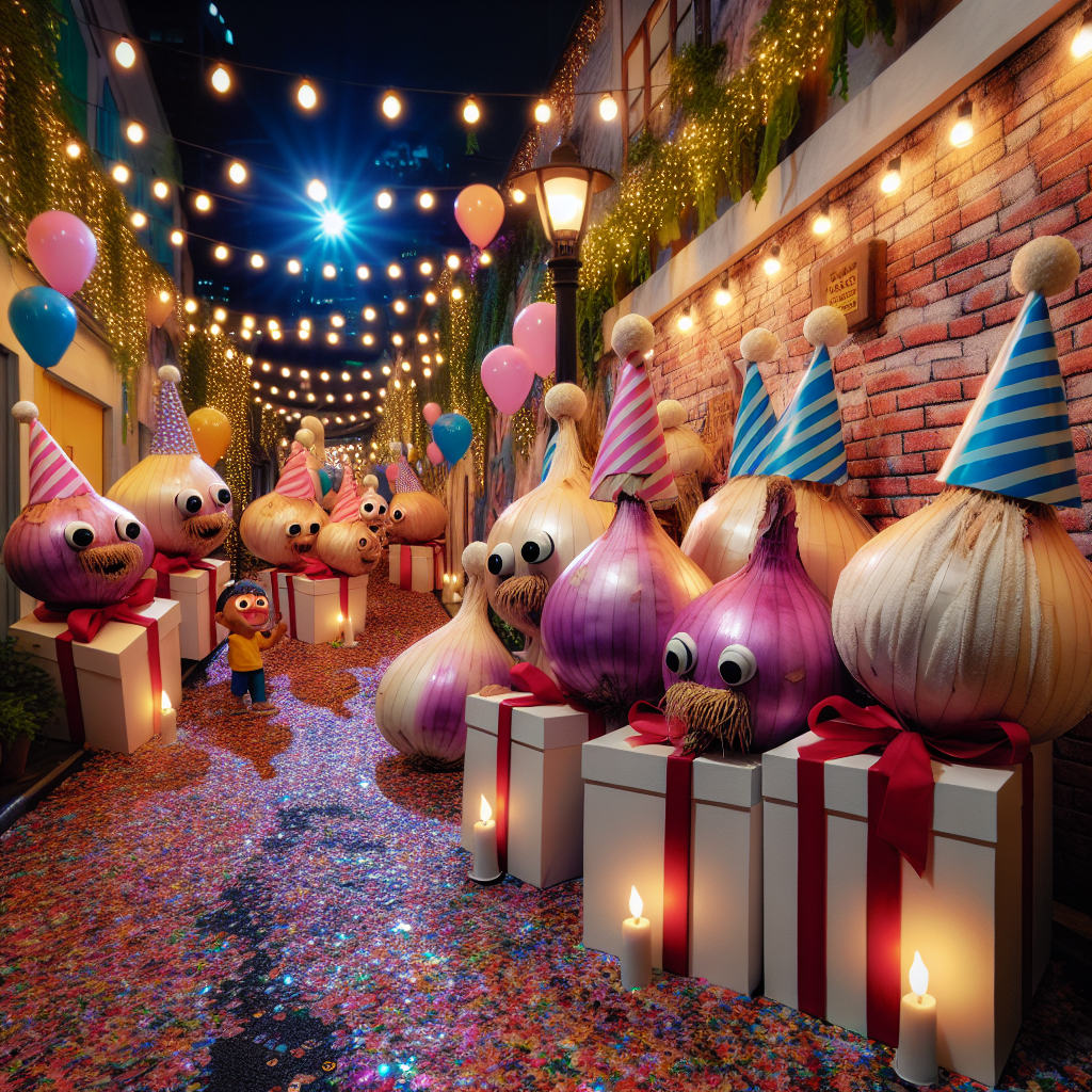 Imagine a whimsical birthday-themed scene unfolding on a cozy urban street. The atmosphere is illuminated by colorful streetlights, creating a festive and inviting pathway. In this intriguing tableau, cheerful shallots, anthropomorphized and wearing party hats, are wrapped in soft towels, presented endearingly as gifts. They are engaged in merrymaking, surrounded by an abundance of confetti and balloons. This fascinating depiction combines the urban world with a playful vegetable-themed celebration.
Generated with these themes: Shallots, Towels, and Streetlights.
Made with ❤️ by AI.