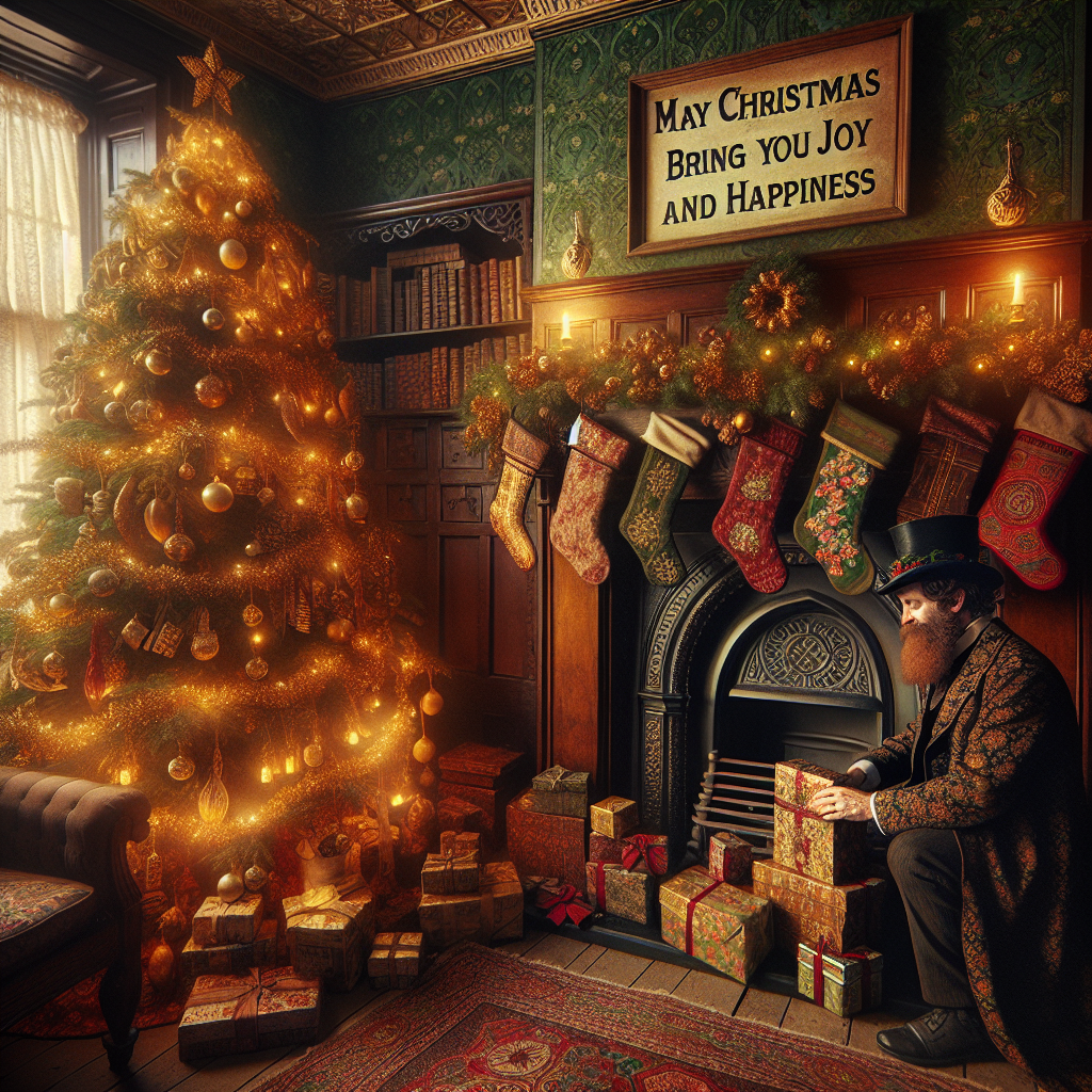 The illustration features a cozy Victorian living room with a majestic tree and stockings hung. Santa, in victorian garb, is placing gifts. 'May Christmas bring you joy and happiness' is written in a classic font along the mantelpiece.
Generated with these themes: Victorian card.
Made with ❤️ by AI.