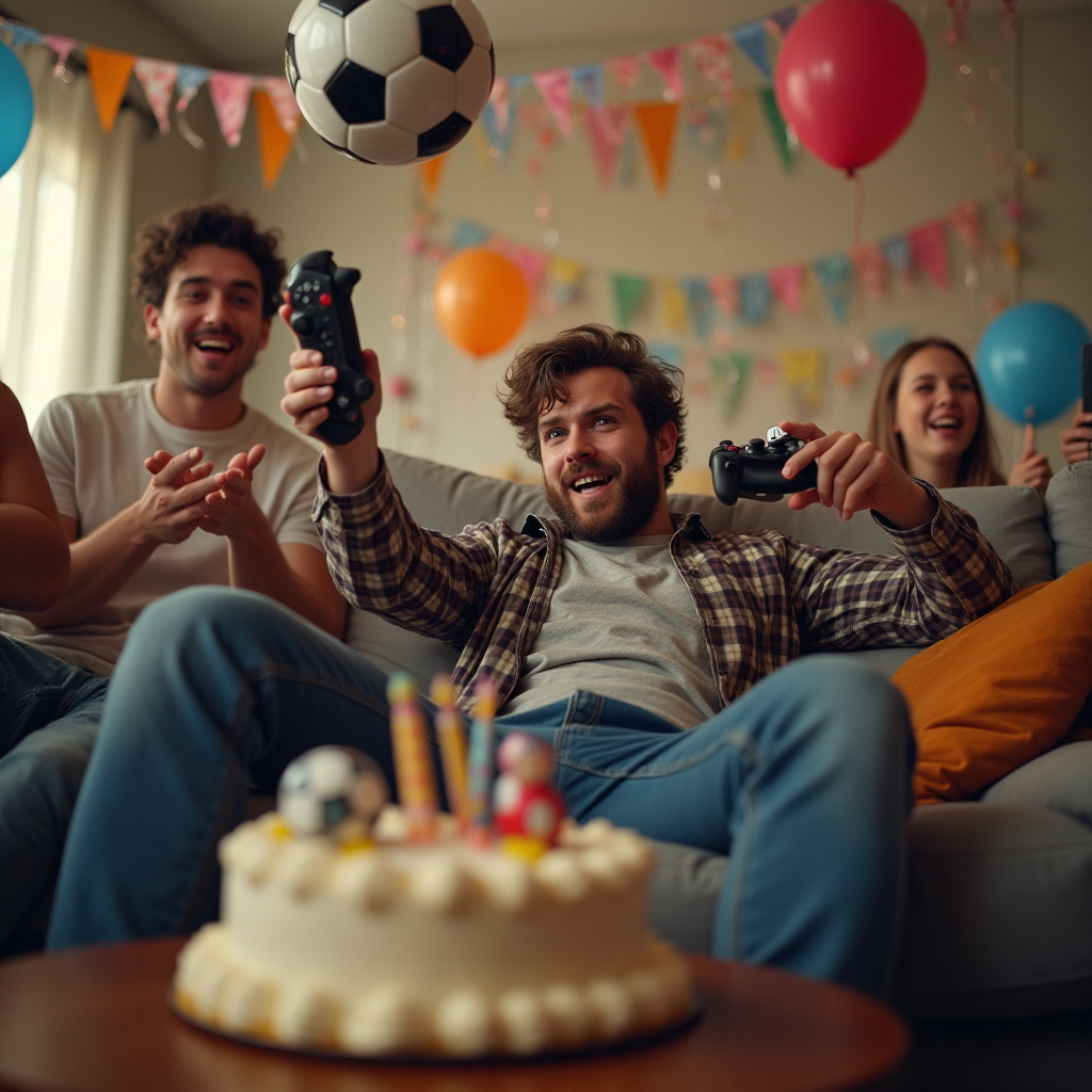 **Prompt for Image:**

Imagine a lively living room scene captured with a photorealistic camera style, ultra-high-definition 4K UHD, where the focus is on a chaotic yet hilarious birthday celebration. The room is decorated with birthday banners and balloons in the background. 

In the foreground, a young man is sprawled comically on a couch, half tangled in streamers, holding a PlayStation controller with one hand while trying to juggle a soccer ball with his feet. His expression is one of joyful determination, eyebrows furrowed in a playful challenge. Next to him, a birthday cake topped with tiny PlayStation and soccer decorations precariously balances on the armrest.

The lighting is perfect, capturing the sheen of the balloons and the detailed texture of the cake's frosting. The depth of field focuses on the man's amusing multitasking effort, while the background shows friends laughing and clapping, adding to the lively atmosphere.

A small, cheeky text caption is integrated into the image: 

"Leveling Up in Life & Cake!"
Generated with these themes: Playstation, Soccer, and .
Made with ❤️ by AI.