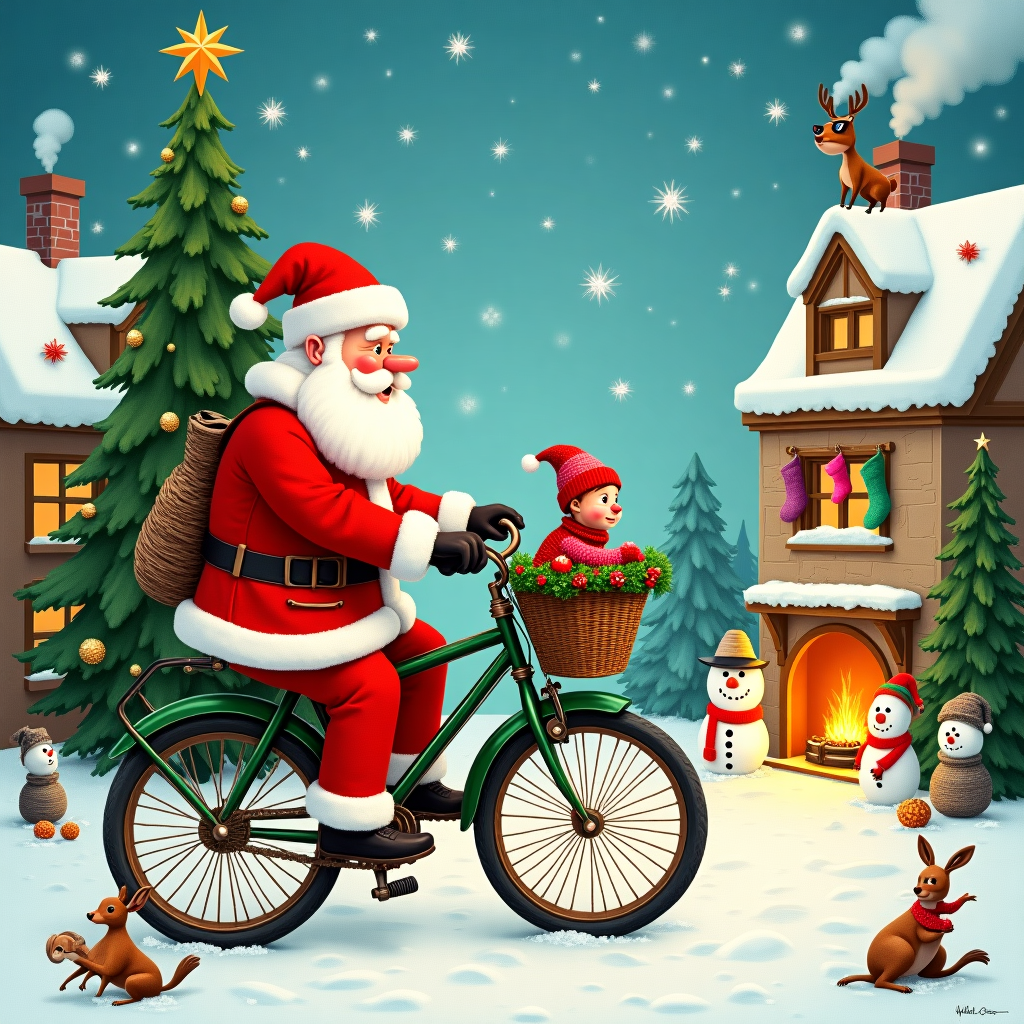 On the front cover of this quirky Christmas greeting card, imagine a bustling, whimsical winter village, nestled amidst snow-capped evergreen trees with a clear starry sky overhead. At the forefront, Santa Claus is depicted not in his usual sleigh, but rather steering a fantastical, oversized bicycle made entirely of upcycled materials—spinning wheels made of old wagon parts and handlebars crafted from repurposed candy canes. He's clad in his iconic red suit, but it's humorously patched together with various festive fabrics, suggesting a thrifty makeover. In the basket on the front of the bike sits a mischievous elf, peeking over the edge, sporting a helmet made from a repurposed shiny Christmas bauble.

In the background, a group of elves is energetically decorating a towering Christmas tree made entirely from recycled items—a tinsel garland made from unwound cassette tapes, ornaments created from brightly colored soda cans, and a shining star atop fashioned from golden bottle caps. Snowmen constructed from reused white pillows stand guard nearby, their carrot noses replaced with sticks from leftover sparklers. The village's cobblestone streets are abuzz with animated woodland creatures—squirrels and rabbits—scurrying about, adorably wrapped in miniature knitted sweaters made from yarn scraps.

In the corner of the scene, a cozy cottage emits a warm, inviting glow through its windows. Smoke gently curls from its chimney, revealing the outlines of stockings knitted from assorted old socks hung above a flickering fireplace visible from outside. Above it all, a mischievous reindeer peeks from the roof, cheekily sporting sunglasses made from cut-out egg cartons. This comical, yet heartwarming scene not only captures the essence of Christmas magic but cleverly highlights sustainability in a delightful, Rockwell-meets-Gorey fashion.
Generated with these themes: Sustainability joke.
Made with ❤️ by AI.