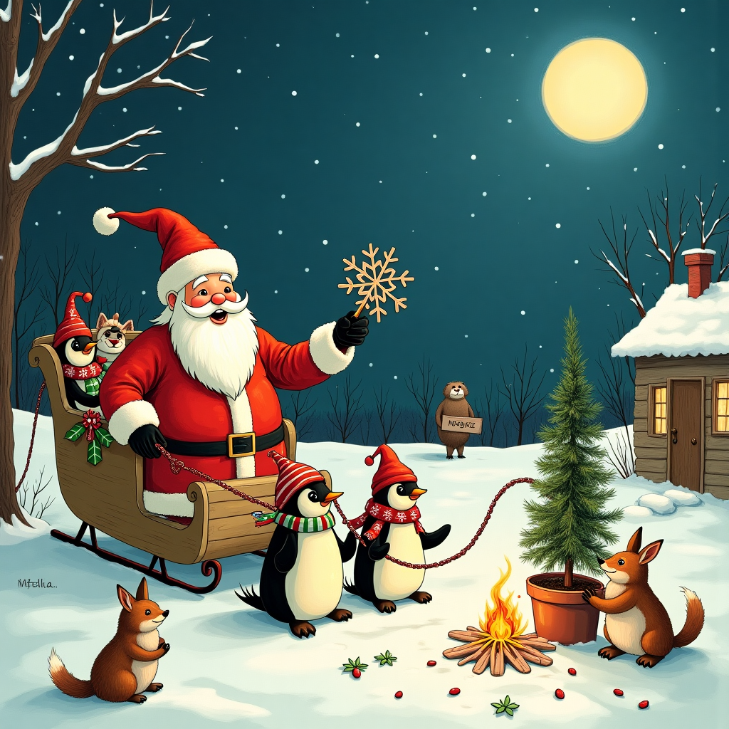 Picture a whimsical Christmas scene set in a cozy, snow-draped village reminiscent of a Norman Rockwell painting, with a touch of Edward Gorey's humor. At the center, we see Santa Claus, slightly plump and jovial, but instead of his traditional red suit, he wears an outfit patchworked together from recycled Christmas wrapping paper. Each piece of paper shows different festive patterns: holly leaves, reindeers, candy canes, and jolly snowmen. He is standing atop a sleigh not pulled by reindeer, but by a team of over-enthusiastic penguins wearing tiny bowler hats, inspired by Aubrey Beardsley's playful attention to detail.

In the foreground, we spot a couple of elves, borrowing from Beatrix Potter's charming character designs, busily crafting Christmas ornaments from discarded soda cans and old newspaper. One elf, with a bushy beard and pointy ears, is holding up a delicate, shimmering snowflake made from aluminum can tabs, while another carefully wraps a garland made of colorful magazine strips around a miniature pine tree. This tree, rather than being cut down, grows in a pot, with its roots peeking out, showing the importance of sustainability, much like something out of Maurice Sendak's imaginative worlds.

Above, the sky is a deep, star-studded midnight blue, and faintly in the distance, you can see Arthur Rackham-esque wisps of clouds trailing behind Santa's sleigh. A full moon illuminates the scene, its glow reflected on the snow and casting playful shadows. N.C. Wyeth's influence shows in the dramatic light and shadow play, creating depth and highlighting each character’s quirky features. 

To the side, a snowman, with an expression of surprise reminiscent of Quentin Blake's lively style, watches the antics, holding a cardboard sign that reads, "Sustainable is the new magical!" Nearby, a small group of woodland creatures – a fox, a rabbit, and a hedgehog – inspired by Maxfield Parrish’s attention to natural beauty, gather around a small bonfire made from twigs, enjoying marshmallows they toast on sticks. 

The village houses in the background are adorned with recycled paper chains and colorful, solar-powered fairy lights, completing the scene with an eclectic, joyful twist on traditional Christmas celebrations.
Generated with these themes: Sustainability joke.
Made with ❤️ by AI.