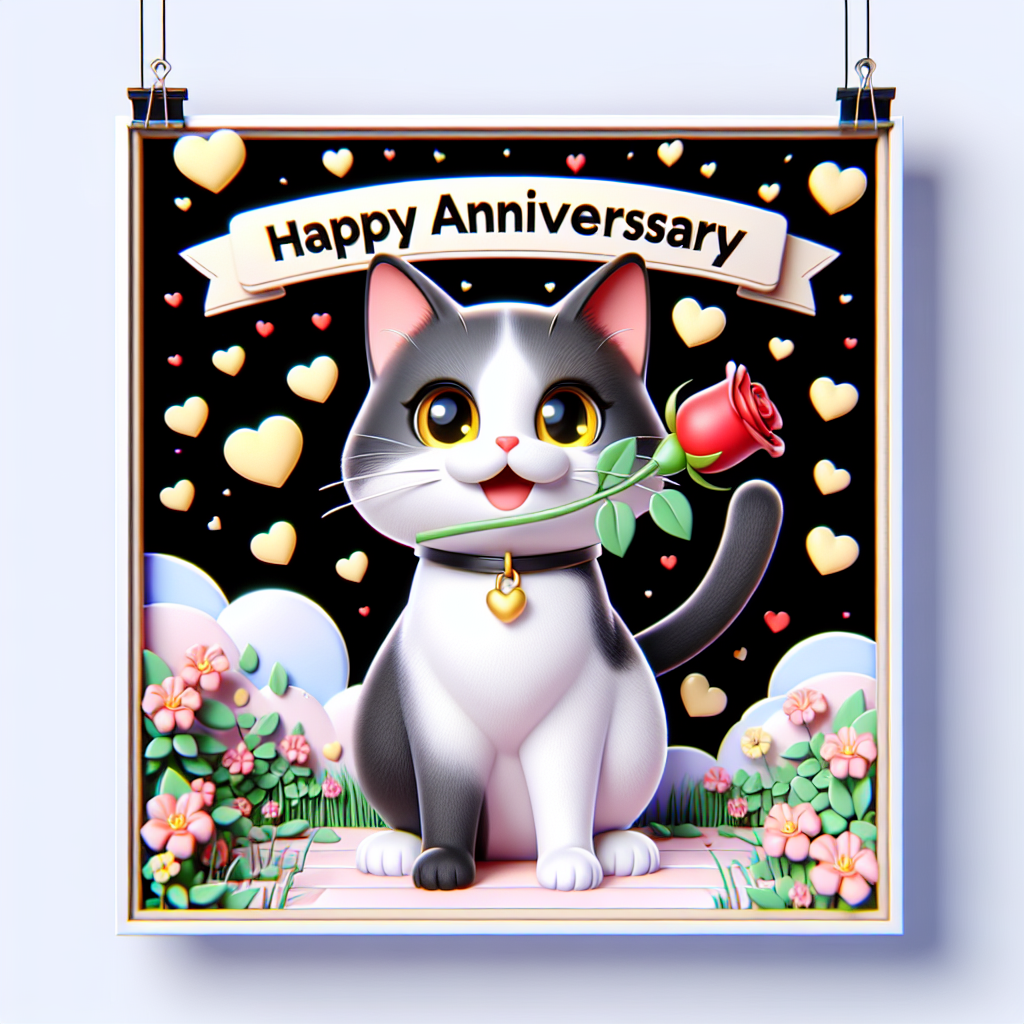 Render a captivating scene showing a joyful adult domestic shorthair cat. The feline, with its black and white coat, sits at the heart of a cartoon. The pastel-colored backdrop, punctuated with animated hearts, provides a striking contrast to the cat's appearance. Its bright yellow eyes twinkle joyously, holding a red rose in its mouth as a symbol of affection for a special anniversary event. The surrounding whimsical decorations, including a banner that reads 'Happy Anniversary,' finalizes a delightful picturesque setup.
.
Made with ❤️ by AI.