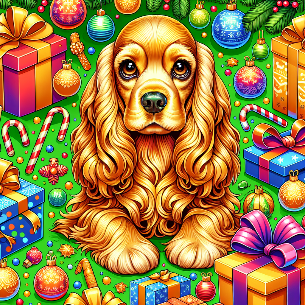 This Christmas-themed vector illustration features slender Cocker Spaniel dogs with golden fur and expressive brown eyes. They are depicted enjoying the holiday spirit, surrounded by Christmas gifts and seasonal decor, perfectly blending into the cheerful and colorful Christmas scene.
.
Made with ❤️ by AI.