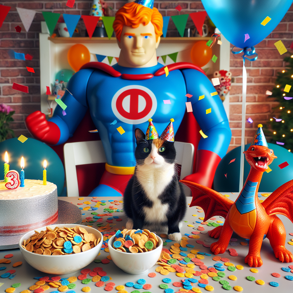 Create a whimsical birthday scene featuring a tuxedo cat and a calico cat wearing miniature birthday hats amidst a sprinkle of confetti. The center of the party is marked by a life-sized balloon resembling a generic superhero in a red and blue costume. A birthday table is laid out, which includes a bowl of sweet cereal and is covered in vibrant party decorations. The center of attention is a cake topped with a figurine of a Welsh dragon, indicating the birthday boy's Welsh origins. Observe a joyful child with bright ginger hair, celebrating his fourth birthday.
Generated with these themes: Tuxedo cat, Calico cat, Spiderman, Cereal, Age 4, Osian, Ginger hair, and Welsh dragon.
Made with ❤️ by AI.