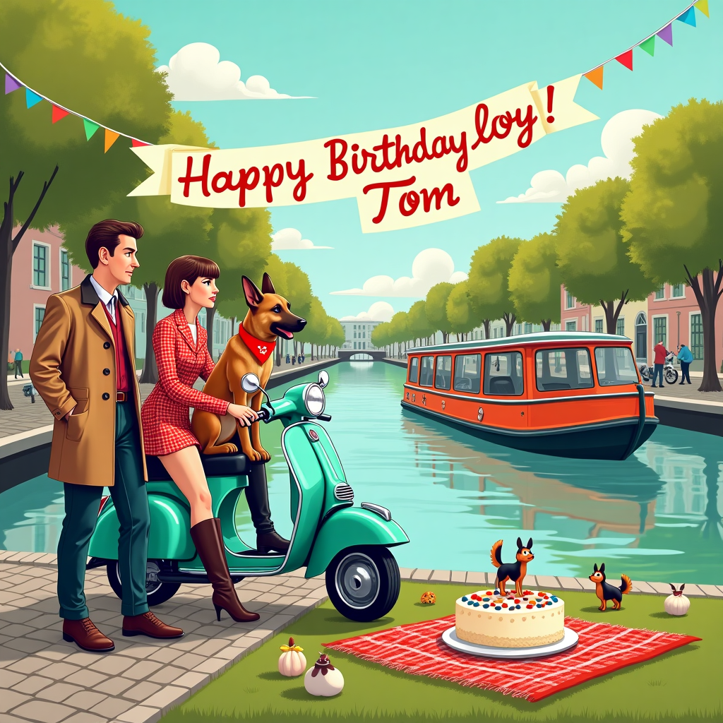 In this whimsical birthday scene, imagine a bustling 1960s-inspired setting along a tranquil canal lined with brightly colored canal boats. At the heart of the illustration is a stylish vintage Lambretta scooter, meticulously detailed with chrome accents and vivid turquoise paint, standing parked on the cobblestone path beside the canal. Leaning against the scooter is Tom, a dapper Caucasian male dressed in quintessential 1960s Mod fashion: a tailored parka, slim-cut trousers, and polished leather Chelsea boots. Beside him is his equally stylish wife, her short, bobbed hair perfectly complementing her classic checkerboard mini dress and knee-high go-go boots. They both gaze fondly at their loyal German Shepherd, who playfully sits atop the scooter's seat, donning a playful red neckerchief.

In the background, a vintage canal boat slowly drifts along the water, its exterior painted in vivid primary colors reminiscent of the Mod era. The boat's deck is festooned with pennant strings, and a large, cheerful banner reading "Happy Birthday Tom!" flutters proudly above the cabin. Overhead, fluffy clouds lazily float by, subtly arranged to spell out "Tom" in their natural formations, adding a touch of magic to the sky.

On the opposite side of the canal, a picnic scene unfolds with a woven blanket spread over the grass, showcasing a birthday cake styled with a Vespa topper, surrounded by small figurines of Mod culture icons. The detailed artistry of this illustration captures the essence of each element, creating a captivating and nostalgic birthday greeting that invites the recipient to step into this lively, enchanting world.
Generated with these themes: Vintage lambretta scooter, 1960s mod , Caucasian male , Married caucasian female 60s mod, German shepherd, and Lives on canal boat.
Made with ❤️ by AI.