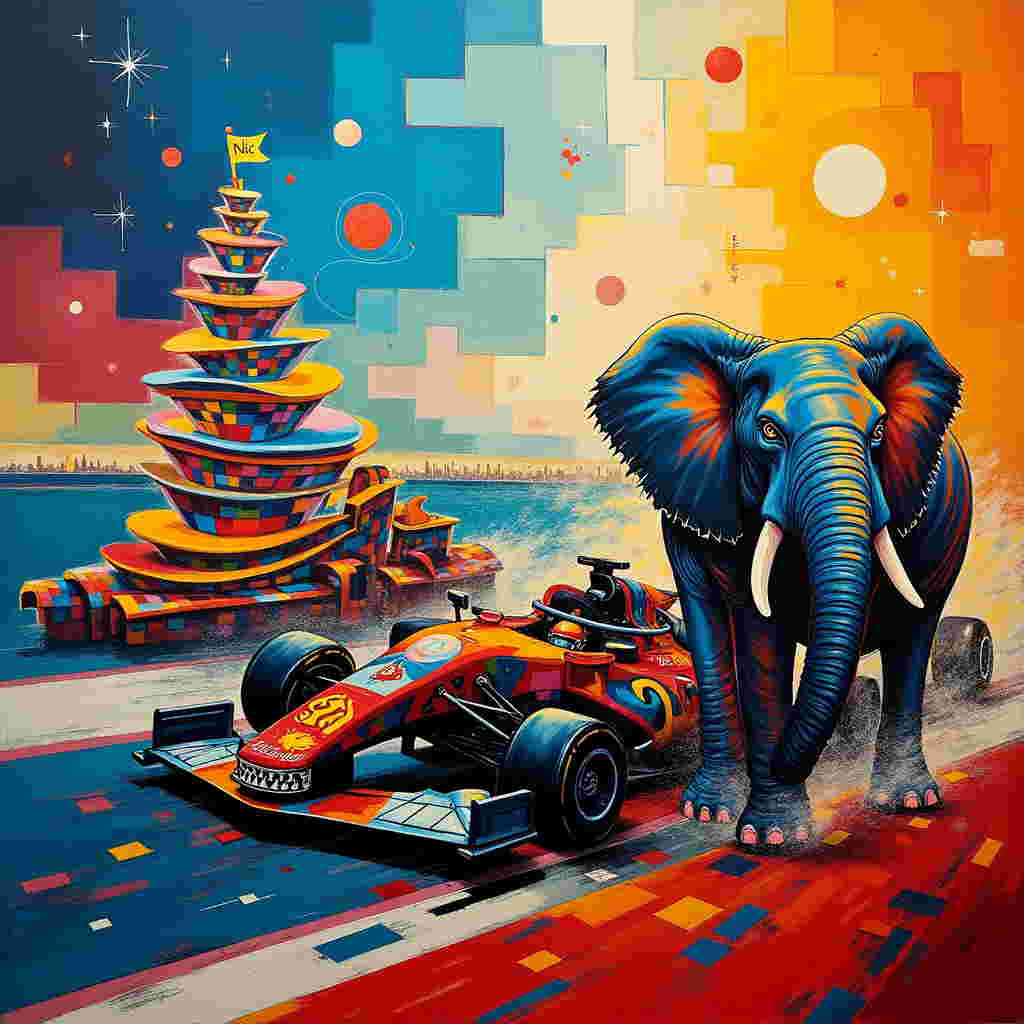 Imagine a vibrant farewell scene where an elephant and a shark, each with comically exaggerated features, are at the helm of two sleek F1 racing cars. The elephant's car is a swirling blend of rich, deep blues and vivid oranges, reminiscent of Kandinsky's abstract dynamism, with bold, swirling lines defining its sleek shape. The elephant itself is a playful assembly of geometric shapes, its trunk a spiral of multicolored polygons that seem to echo Mondrian’s grid-like precision with a twist.

The shark is piloting a car that's a chaotic fusion of black, white, and electric red splatters, invoking the wild energy of Pollock’s action paintings. The shark, outlined in fluid, swirling lines, has angular fins and a toothy grin, its body a mosaic of contrasting geometric forms.

The background is a vibrant landscape of abstract forms and colors. Bold, rectangular patches of soft blues and fiery reds spread across the canvas, evoking Rothko's color fields. The sky is a vast expanse of swirling stars and cosmic patterns, inspired by Miró's playful celestial themes, where planets and stars are colorful circles and amoeboid shapes.

Amidst this abstract landscape, a towering, spiraling cake of tiered concentric circles stands in the foreground. Each tier is a different primary color, with a surface reminiscent of Richter's blurred abstraction. Atop this cake, there's a single banner, fluttering as if in motion, painted in bright yellow with the text "Nic" in bold, clear letters.

To the sides of the scene, abstract spectators can be seen as colorful, stick-like figures, reduced to simple, fragmented lines and dots, channeling the simplicity and grid focus of Agnes Martin. Lines of chalky white and black zigzag across the foreground, creating a sense of speed and movement akin to the frenetic brushstrokes of de Kooning. In this scene, farewell is depicted not as an end, but as a vibrant, high-octane celebration of movement and change.
Generated with these themes: Cartoon elephant and shark driving F1 racing cars.
Made with ❤️ by AI.