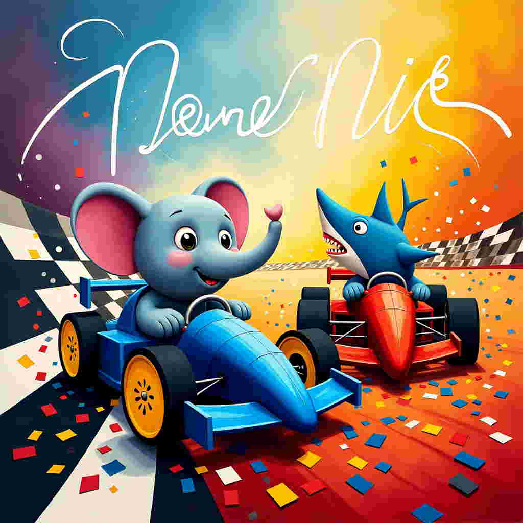 Visualize a dynamic and abstract farewell scene, imbued with a sense of whimsy and speed. Picture a vast canvas, where bold colors and geometric shapes collide in a jubilant celebration of forms.

In the center, a cartoon elephant and shark are the stars of this farewell. They are each driving vibrant F1 racing cars, rendered in a playful, exaggerated style. The elephant, on the left, is perched in a cobalt blue car with large, circular yellow wheels, reminiscent of Wassily Kandinsky's color play. The shark, on the right, commands a fiery red car with angular, black stripes echoing Piet Mondrian’s gridwork. Their expressive eyes and exaggerated features give them a comedic flair, capturing the essence of a playful departure.

The background is a canvas of swirling colors and shapes. Imagine a Rothko-like gradient, shifting from deep purples to fiery oranges, creating a dramatic backdrop for the race. Large, black and white checkerboard patterns—think Kazimir Malevich’s Suprematism—sweep across the scene, suggesting the race track without defining it too rigidly.

Above, an abstract sky inspired by Cy Twombly's scribbles and scrawls, dances with lines and loops in white and pale blue, creating a sense of motion. Nestled among these airy loops is the word "Nic," elegantly written in the sky with twirling clouds, adding a personalized touch to the farewell.

On the ground, a confetti-like scattering of shapes—a nod to Jackson Pollock—dances around the cars. These are multicolored dots, squares, and squiggles in vibrant reds, blues, yellows, and greens, creating an energetic mosaic under the wheels.

This abstract composition combines elements of fun, speed, and abstract artistry, making for a visually engaging and memorable farewell greeting card.
Generated with these themes: Cartoon elephant and shark driving F1 racing cars.
Made with ❤️ by AI.
