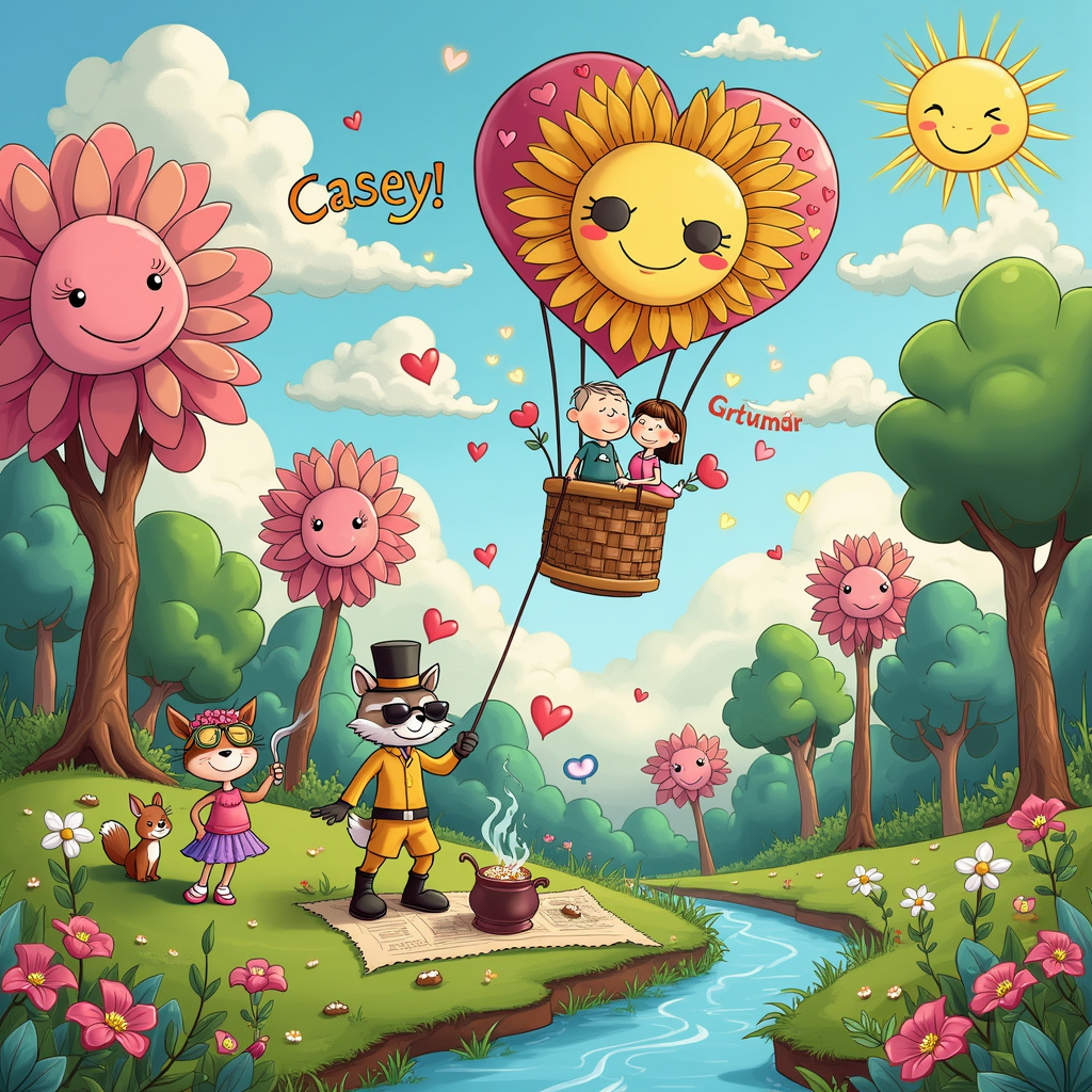 Imagine a vibrant, surreal outdoor anniversary scene set in a whimsical forest clearing, where giant flowers tower over the landscape like playful sentinels. These flowers have cheerful faces, their petals forming rainbow-colored smiles. A radiant, cartoon sun, complete with sunglasses and a wide grin, hovers in a sky painted in pastel blues and pinks. Fluffy clouds spell out the name "Casey" in playful, loopy letters, drifting across the sky like gentle whispers.

At the center of the clearing, a large, heart-shaped hot air balloon floats serenely, its woven basket decorated with festive ribbons and filled with a joyful couple, each resembling a fusion of Peanuts and Calvin and Hobbes characters. They hold onto a long, flowing banner that reads, "Happy Anniversary!" in an elegant, hand-lettered script reminiscent of Hergé's Tintin comics.

Surrounding the balloon, a series of quirky woodland creatures have gathered for the celebration. A pair of anthropomorphic deer, one wearing a top hat and the other a tutu, dance gracefully beneath the balloon. Nearby, a raccoon chef with an oversized hat and comically large spoon stirs a cauldron, from which whimsical, heart-shaped bubbles rise and float away.

In the background, a series of towering trees with expressive faces form an enchanted forest. Each tree has distinct personalities, with some sporting monocles and mustaches, while others wear floral crowns and pearl necklaces. A curious squirrel in aviator goggles perches on one of the branches, peering through a magnifying glass at a treasure map.

Below, a carpet of lush grass, dotted with daisies and mushrooms, is home to a miniature tea party set up by tiny gnomes. These gnomes, resembling characters from R. Crumb's underground comix but with a softer, more whimsical touch, sip from oversized teacups and munch on cartoonishly large cakes, one of which prominently features "Casey" written in bright frosting.

In one corner of the scene, a gleaming crystal-clear stream meanders through the clearing, its surface reflecting the kaleidoscope of colors from the flowers and the sky. Alongside the stream, a family of ducks, complete with bow ties and bonnets, glide serenely, their reflections shimmering like a scene from Winsor McCay's Little Nemo in Slumberland.

This surreal and enchanting anniversary scene is a delightful blend of outdoor beauty and playful fantasy, filled with unique and memorable elements that capture the joyous spirit of the celebration.
Generated with these themes: Outdoors.
Made with ❤️ by AI.