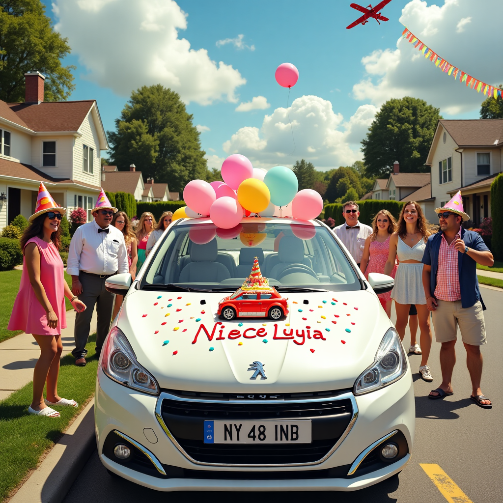 The scene unfolds in a bustling outdoor birthday party set in a whimsical suburban neighborhood. The centerpiece of the image is a gleaming white Peugeot 208 parked on the side of the street, creatively transformed into an impromptu party hub. The car’s sunroof is open, and balloons of every color—pinks, blues, and yellows—spill out, bobbing gently in the breeze. The windshield has a bright, colorful Happy Birthday banner draped across it, with "Niece Lydia" spelled out in big, bold letters, each letter a different vibrant color. Surrounding the car, a diverse group of partygoers, each dressed in exaggerated, over-the-top party attire—think oversized sunglasses, enormous party hats, and comically large bow ties—are engaged in joyful antics. On the hood of the car is an elaborate cake shaped like a Peugeot 208, complete with miniature fondant details and "Happy Birthday Niece Lydia" piped in icing on the roof. Above, in the sky, a small airplane flies by trailing a skywriting banner that reads, "Niece Lydia’s Birthday Bash!" In the background, you can see a quaint house with bunting strung between the eaves, children playing with hula hoops, and a small dog wearing a party hat chasing its tail. The scene is teeming with activity, color, and cheer, all centered around the iconic white Peugeot 208, which serves as both a literal and figurative vehicle of celebration.
Generated with these themes: white peugeot 208.
Made with ❤️ by AI.