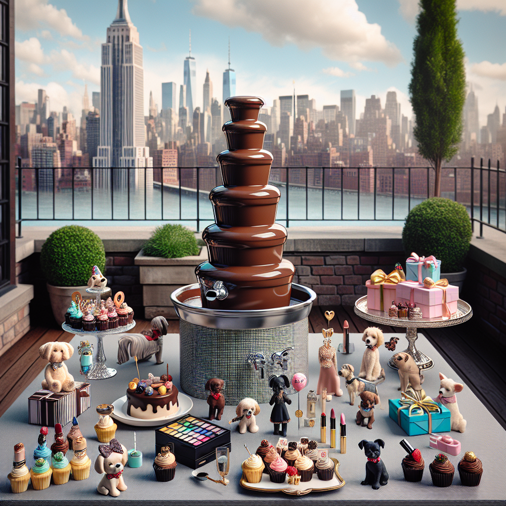 Imagine a sophisticated birthday celebration setting on a serene New York City rooftop. Part of the urban skyline appears in the background, creating a characteristic cityscape. A distinguishing feature of the party is a large, refined chocolate fountain placed centerstage. Surrounding it are cupcakes, adorned with miniature replicas of notable NY buildings acting as cake toppers. Adding a dash of color and luxury to the scene are makeup-themed gift boxes, serving both as decorations and presents. Adding to the lively atmosphere, playful dog figurines, each adorned with a birthday hat, are nestled among the treats, an homage to the city's affection for canine companions.
Generated with these themes: Chocolate , New York , Makeup , and Dogs .
Made with ❤️ by AI.