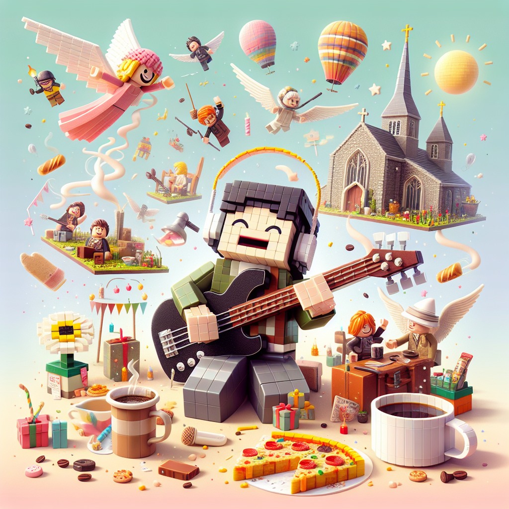 Imagine a delightful birthday-themed image revealing a lively scene set against a soft pastel background, filled with colour and playfulness. Strumming a bass guitar at the very core is a block-built character, created with skill and enthusiasm. Beyond this character, there are festive details that evoke joy and camaraderie: steaming mugs of coffee that fill the air with a warm, inviting scent; a small, historic-looking religious building symbolizing community and tranquility. Also, fragile wings are emerging from the landscape, suggesting the ecstasy and dreams of flight. Sprinkled around are pieces of tempting pizza with their mouthwatering cheese. Above, generic costumed flying characters are dipping down to join in the fun, effectively incorporating a layer of fantasy and adventure.
Generated with these themes: Lego, Bass player , Coffee , Church , Wings , Pizza, and Marvel .
Made with ❤️ by AI.