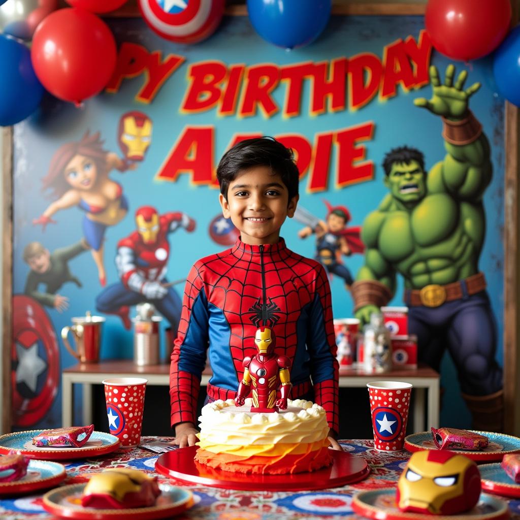 A bustling birthday scene centered around an Indian boy, Aadie, who is dressed as Spider-Man stands in the midst of a vibrant room adorned with Marvel superhero posters on the walls. A large banner reads 'Happy Birthday Aadie' in bold, comic-style letters hanging overhead. A centerpiece cake is topped with an intricate Iron Man figurine poised as though launching into flight, the frosting masterfully shaded in bright red and gold to match Iron Man's suit. Balloons float above, with illustrations of Captain America's shield, Thor's hammer, and the Hulk's fist accenting them. A table is laden with themed party favors including masks and miniature action figures. Every detail from the napkin designs to the cups caters to the Marvel theme, with small Indian cultural accents, like a paisley pattern table runner.
Generated with these themes: A indian boy having marvel themed party and a cake ,Happy Birthday Aadie .
Made with ❤️ by AI.