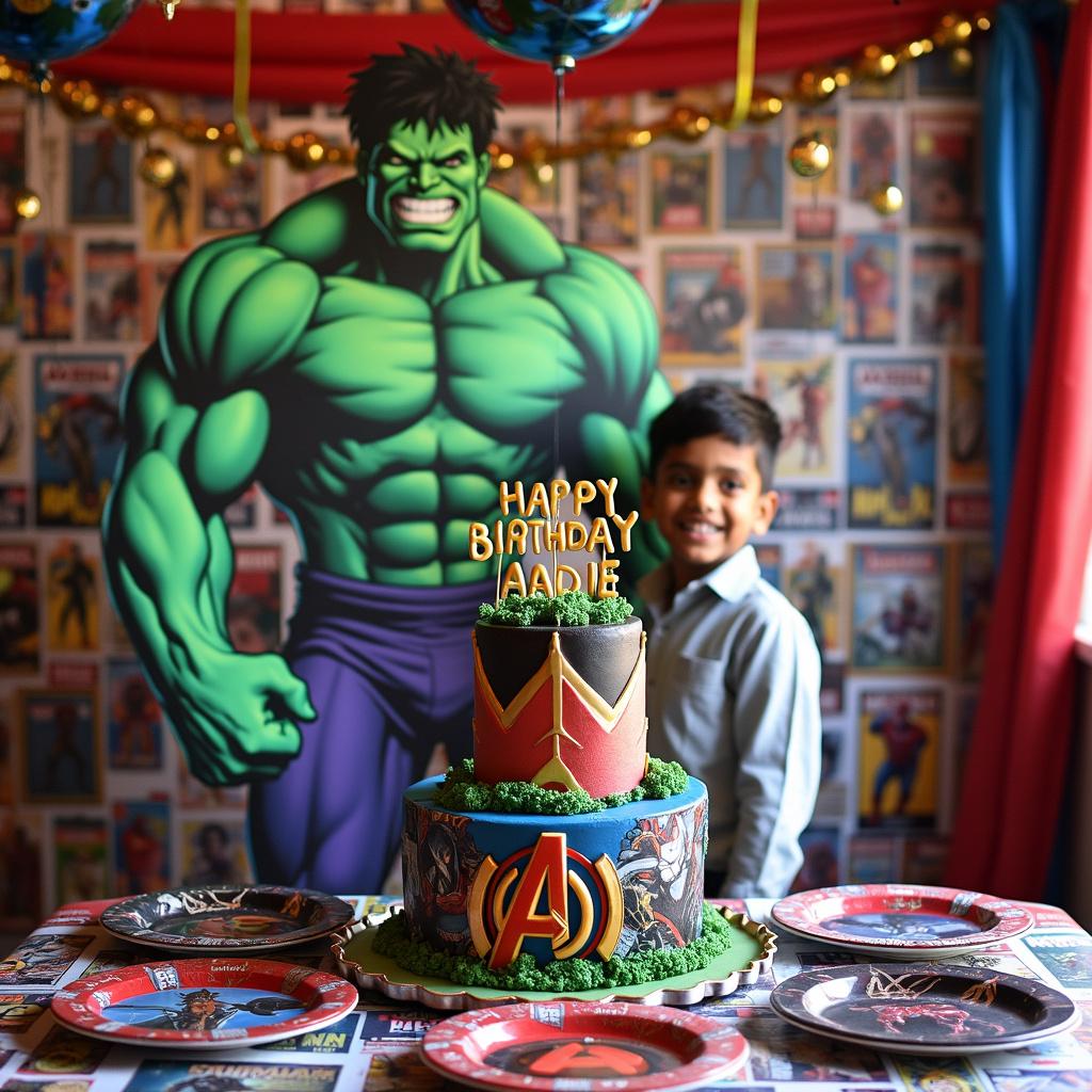 In this Marvel-themed birthday party scene, Aadie, an Indian boy, is joyfully posing next to a life-sized cardboard cutout of the Hulk. The room is vibrantly decorated with streamers of red, blue, and gold swirling from the ceiling, and the walls are plastered with a variety of posters featuring iconic scenes from Marvel movies. The centerpiece is an elaborate two-tiered cake stand with 'Happy Birthday Aadie' inscribed in a bold font resembling the Avengers logo. Each tier of the cake showcases a different Marvel character, with Aadie's name emblazoned on a fondant Avengers emblem at the base. The table settings are meticulous with custom-designed plates featuring Aadie's favorite heroes, Spider-Man and Black Panther, with matching cutlery. A carefully crafted garland of comic book pages frames the doorway.
Generated with these themes: A indian boy having marvel themed party and a cake ,Happy Birthday Aadie .
Made with ❤️ by AI.